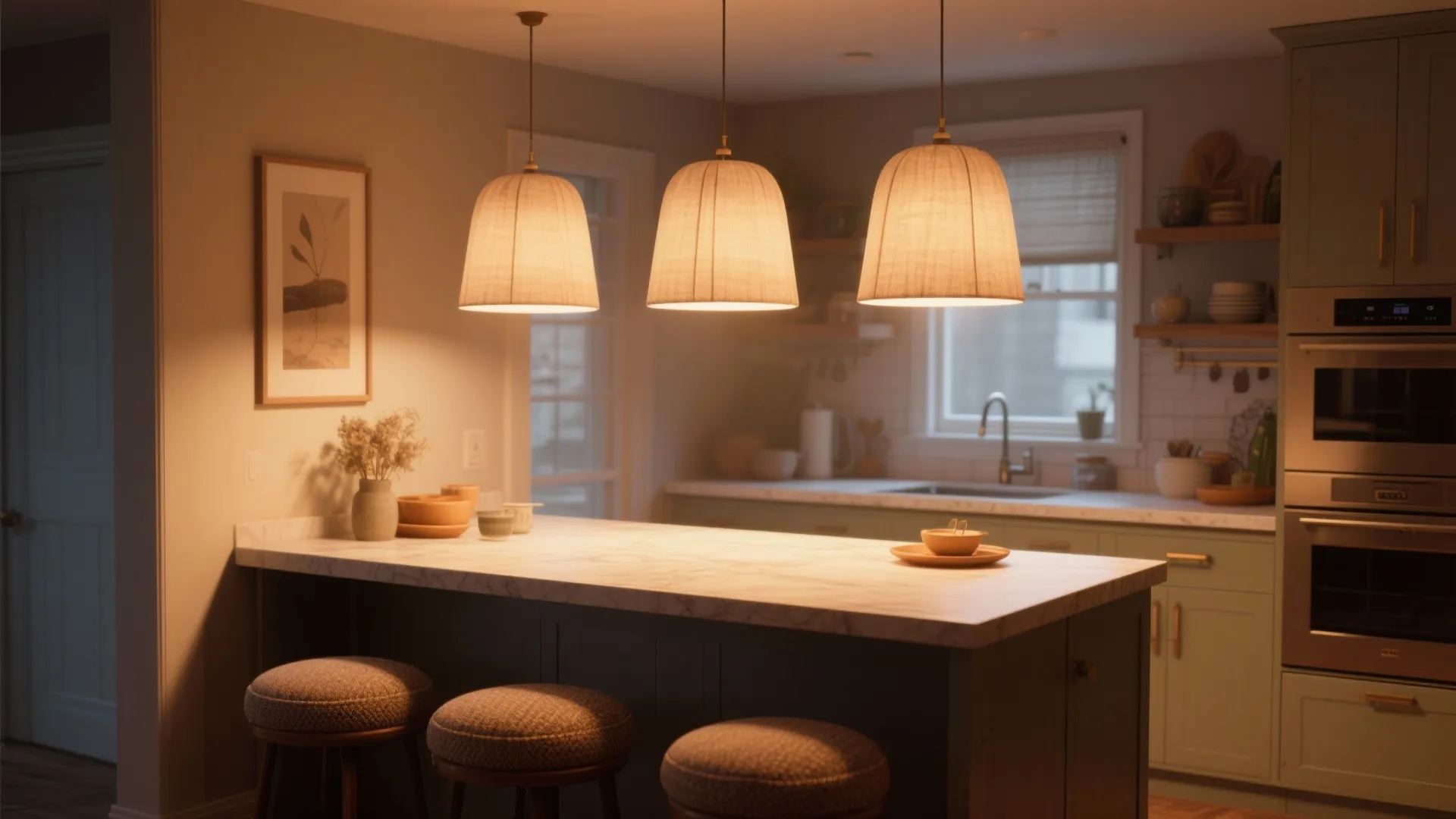 Three warm ceiling lights over kitchen island with marble top and three cozy round stools
