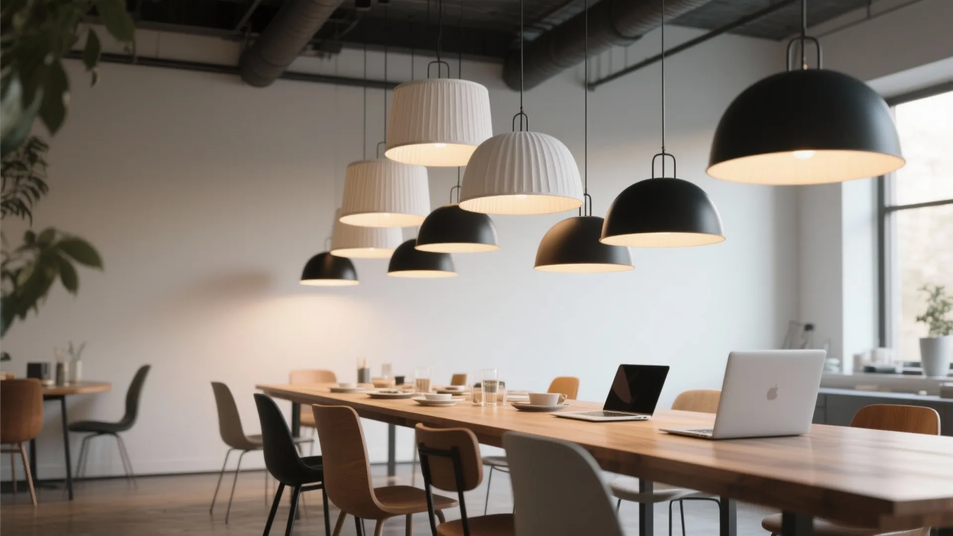 Long table with a cluster of staggered small drum pendants providing layered light over a dining-work hybrid table