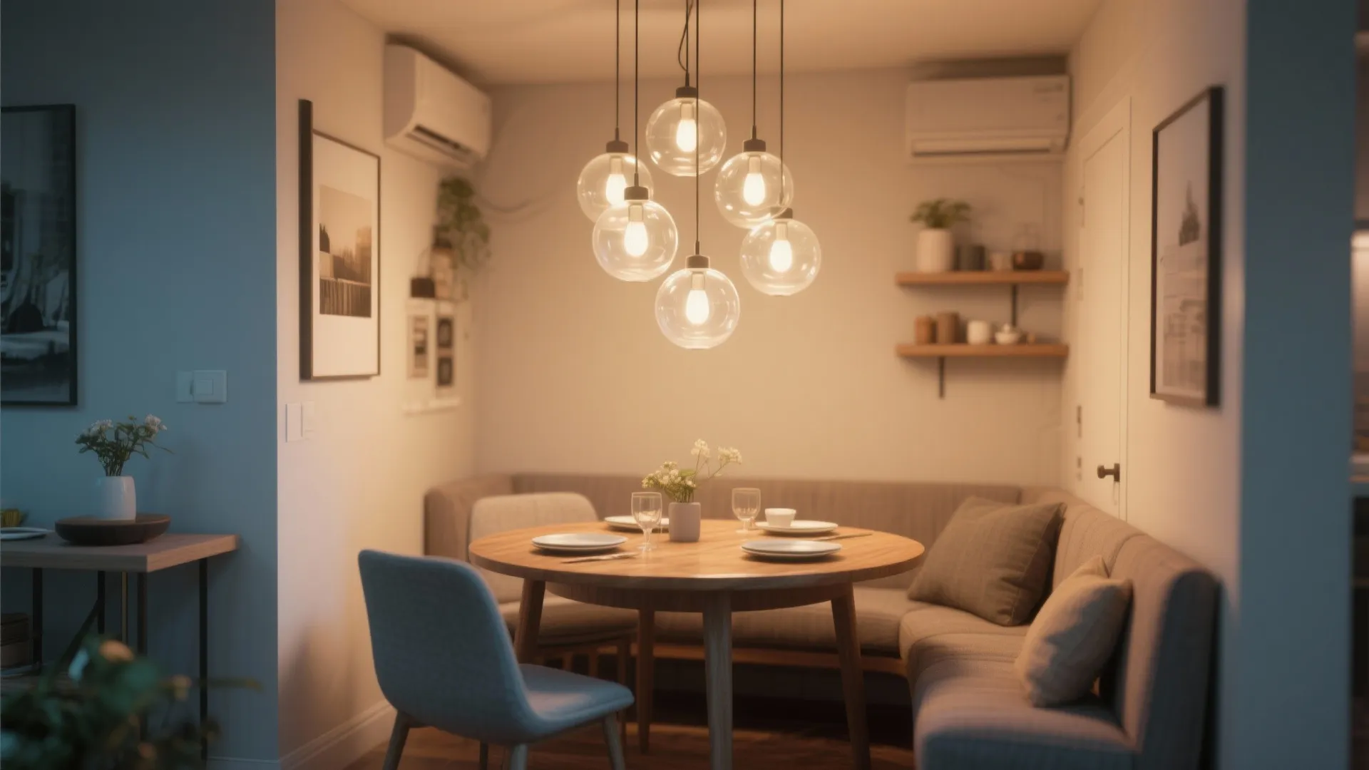 Dining nook with clustered frosted globe lamps