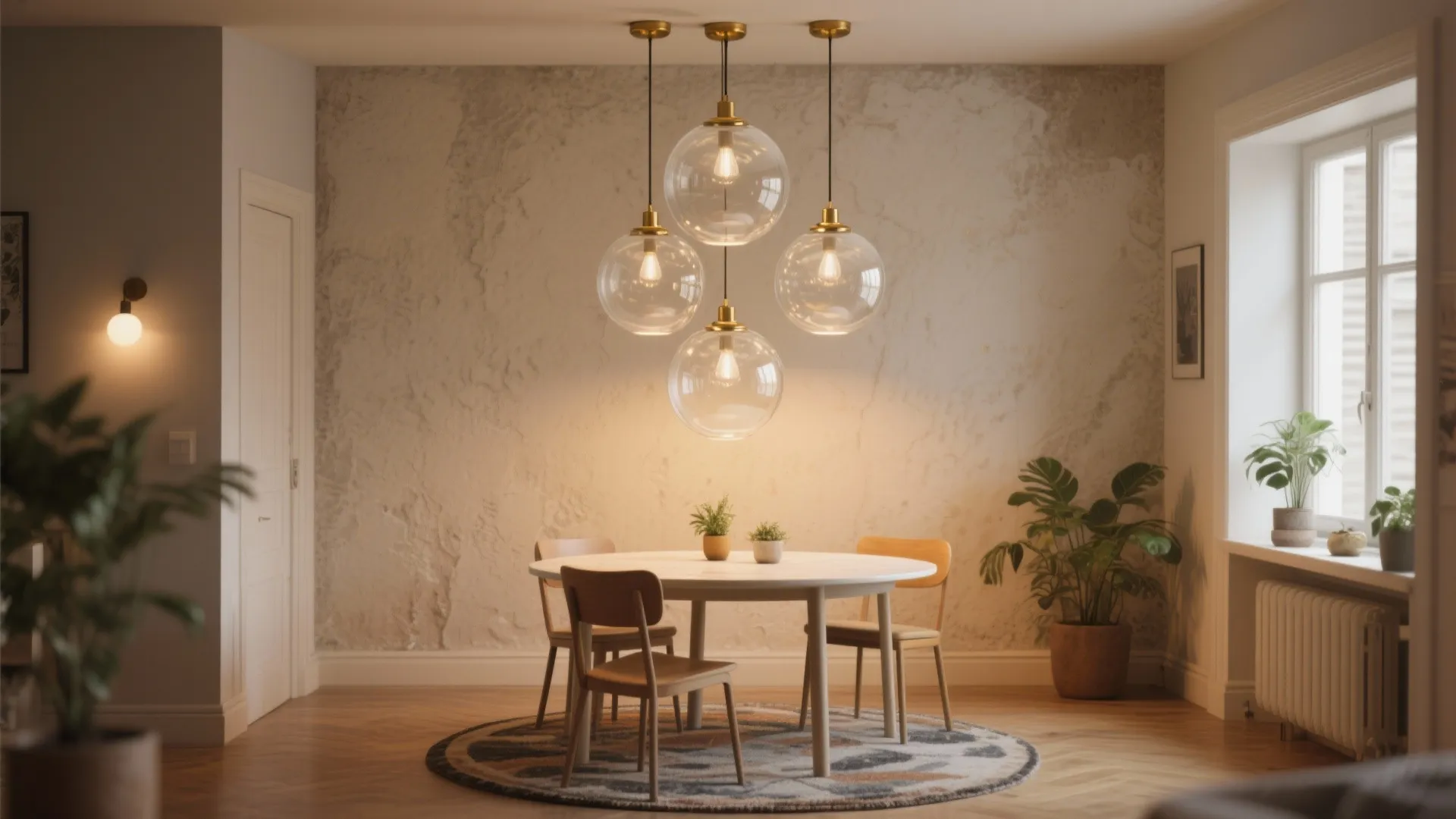 Three staggered globe pendants above a small round dining table creating layered warm lighting.