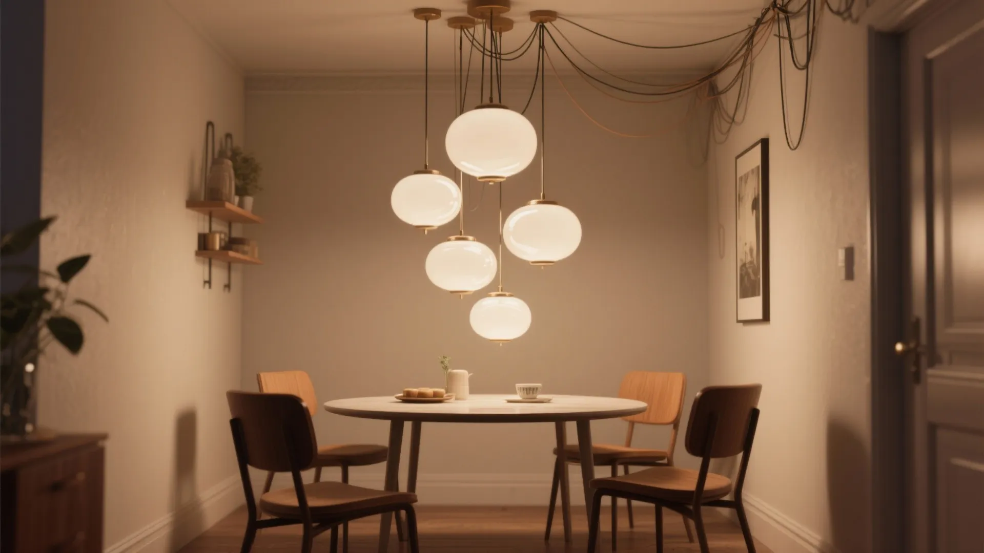 Round dining table with wooden chairs under five glowing white globe ceiling light fixtures inside
