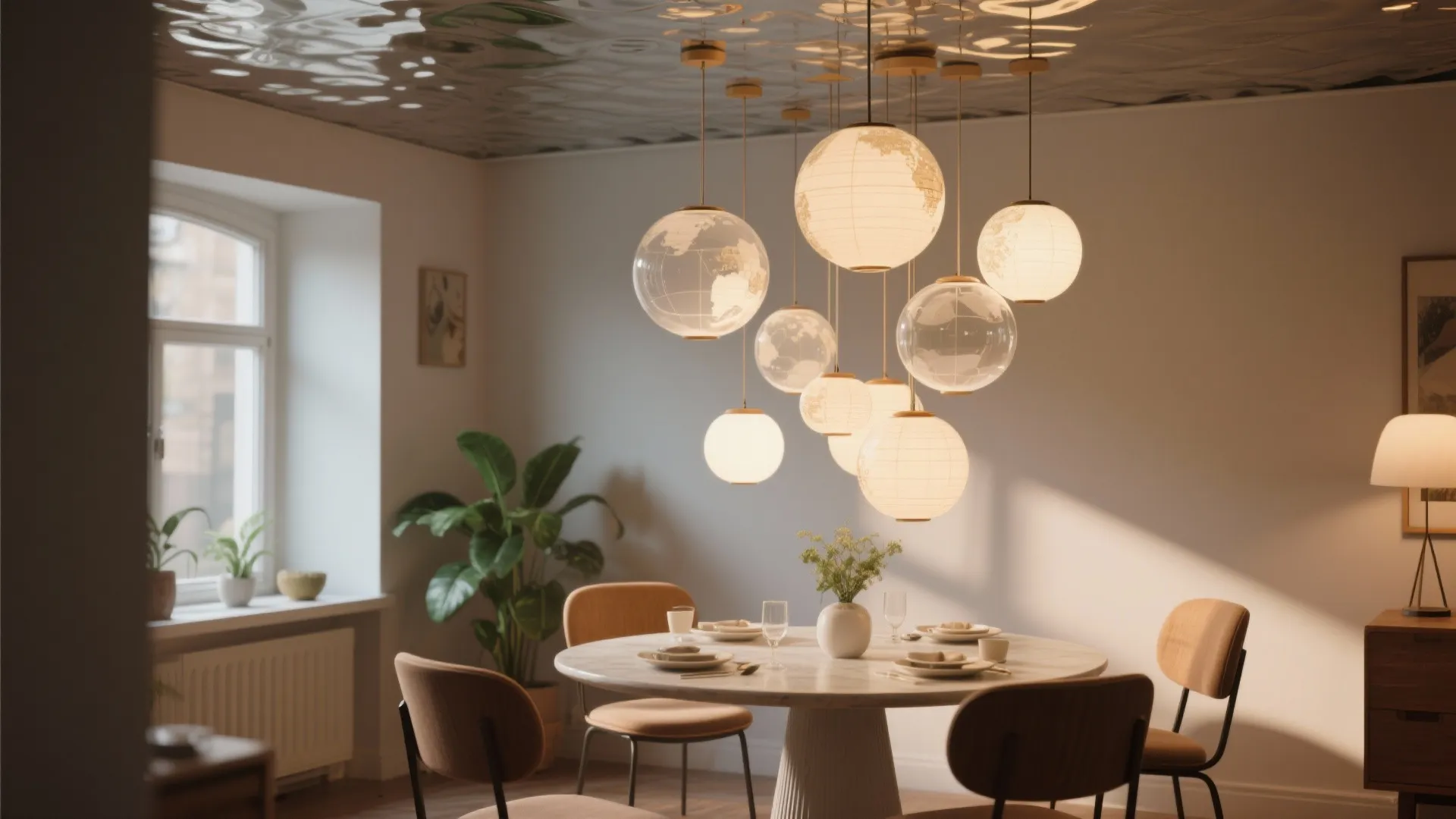 Round dining table with clustered frosted-glass globe pendants at varied heights, creating layered warm light.