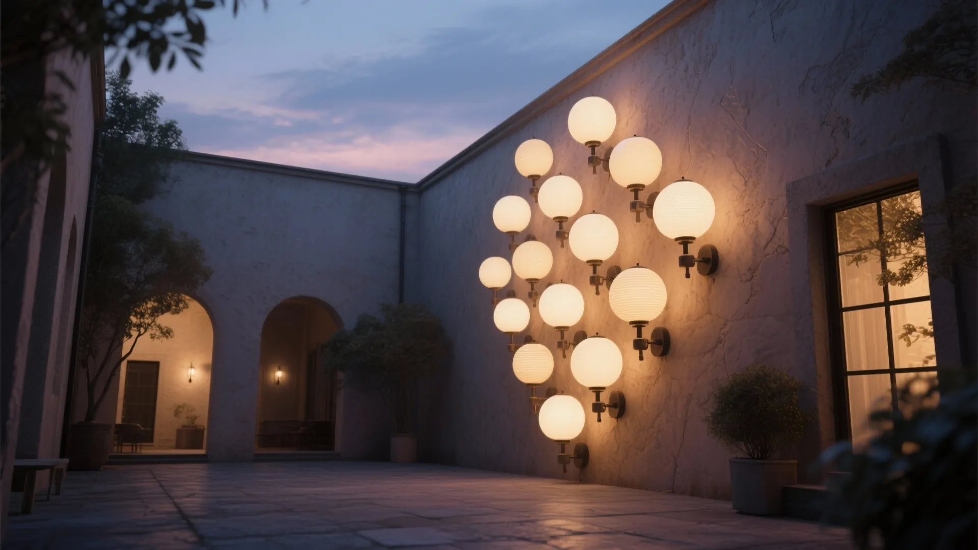 Courtyard with a dramatic clustered installation of globe wall lights at dusk