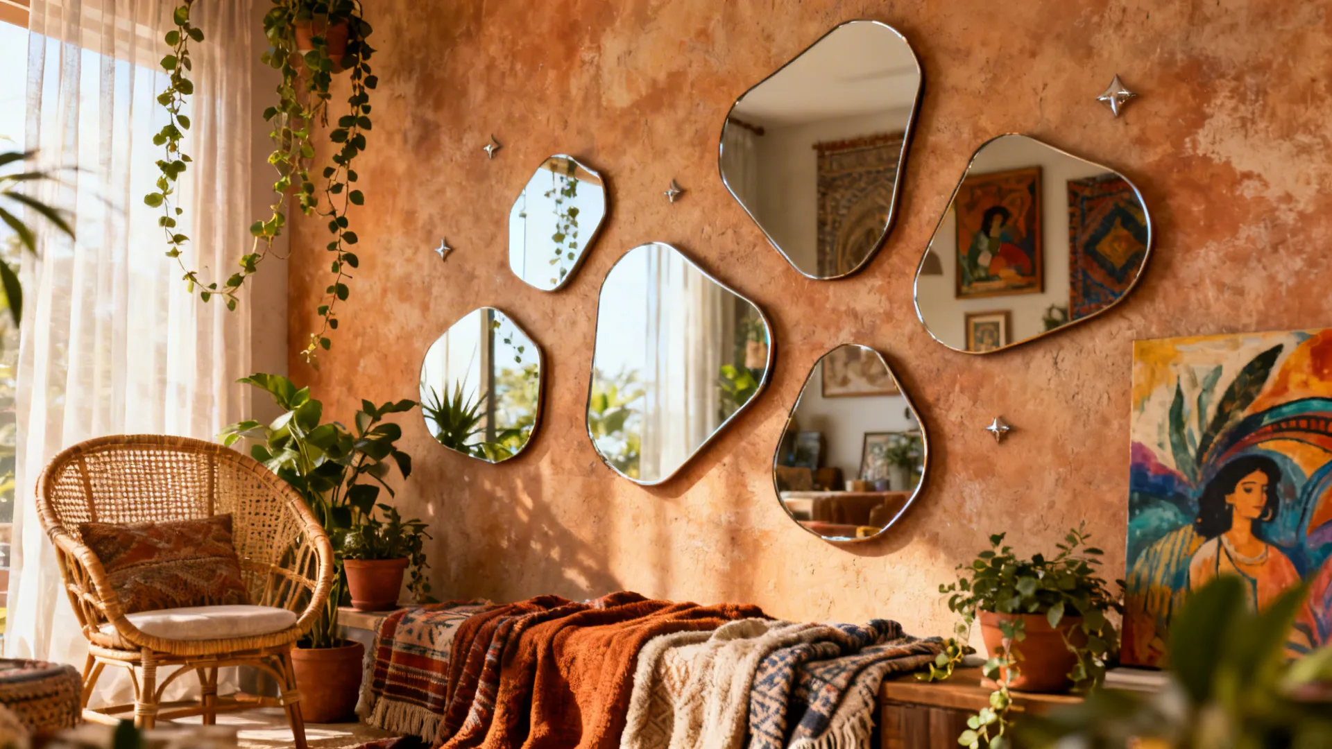 Boho living room wall with a cluster of five irregular mirrors arranged artfully like a constellation