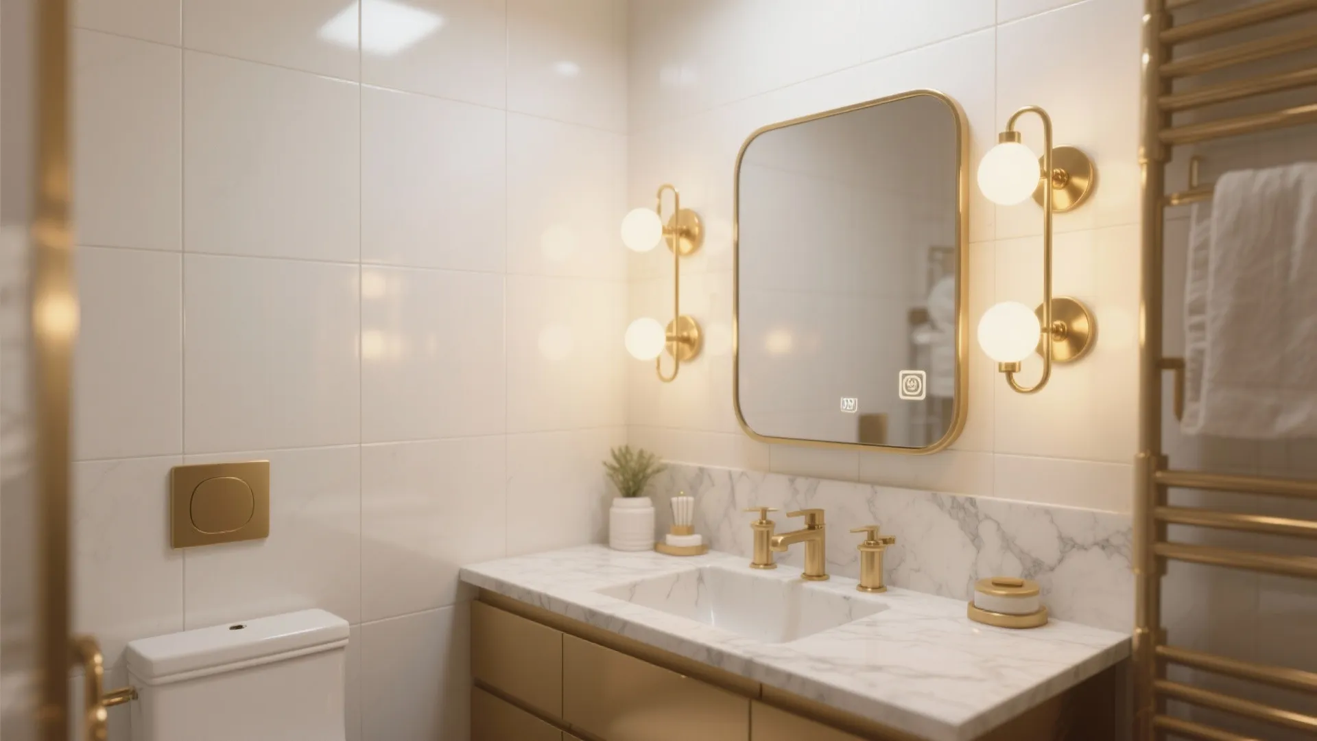 Compact bathroom with clustered mini gold wall lights beside a mirror, warm layered illumination.