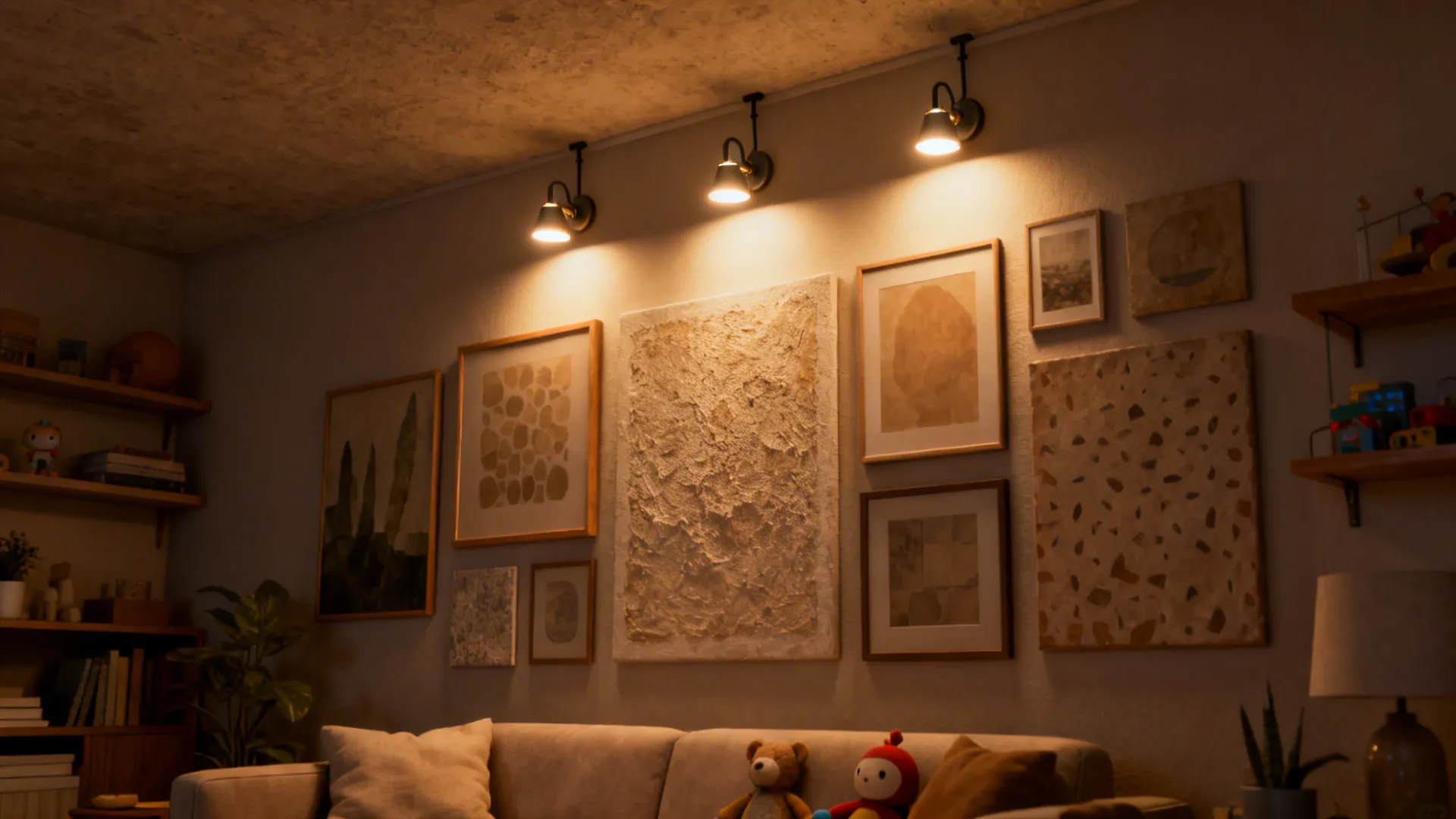 Living room wall with many framed pictures illuminated by three warm wall lights above sofa