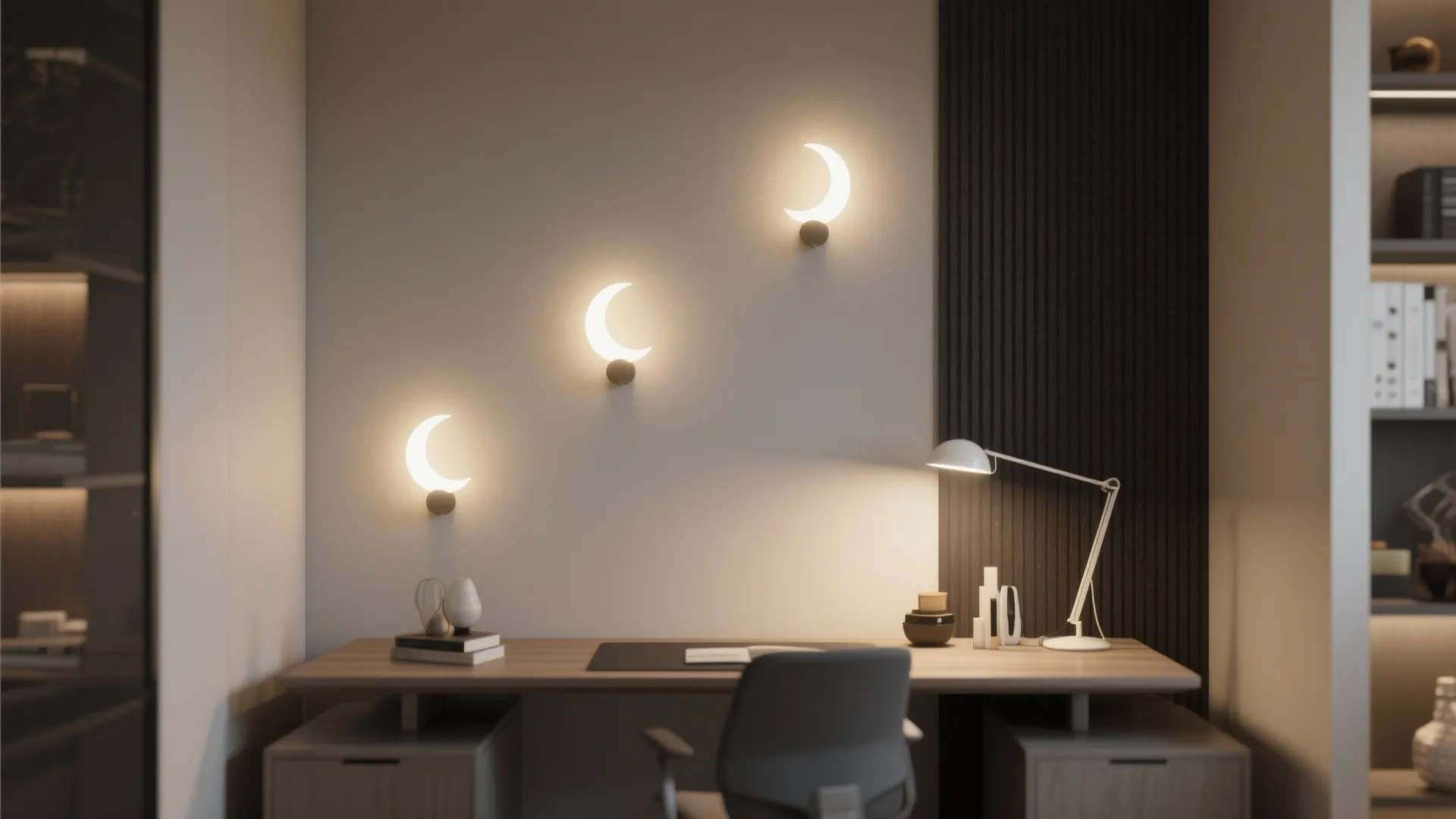 Modern home office with moon wall lights desk chair table lamp and wooden desk interior design