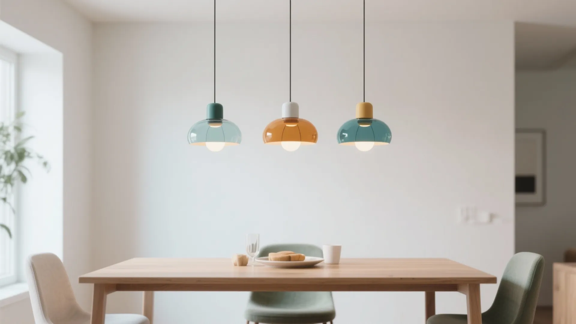 Three colorful glass ceiling lights hanging in a row over a wooden dining room table