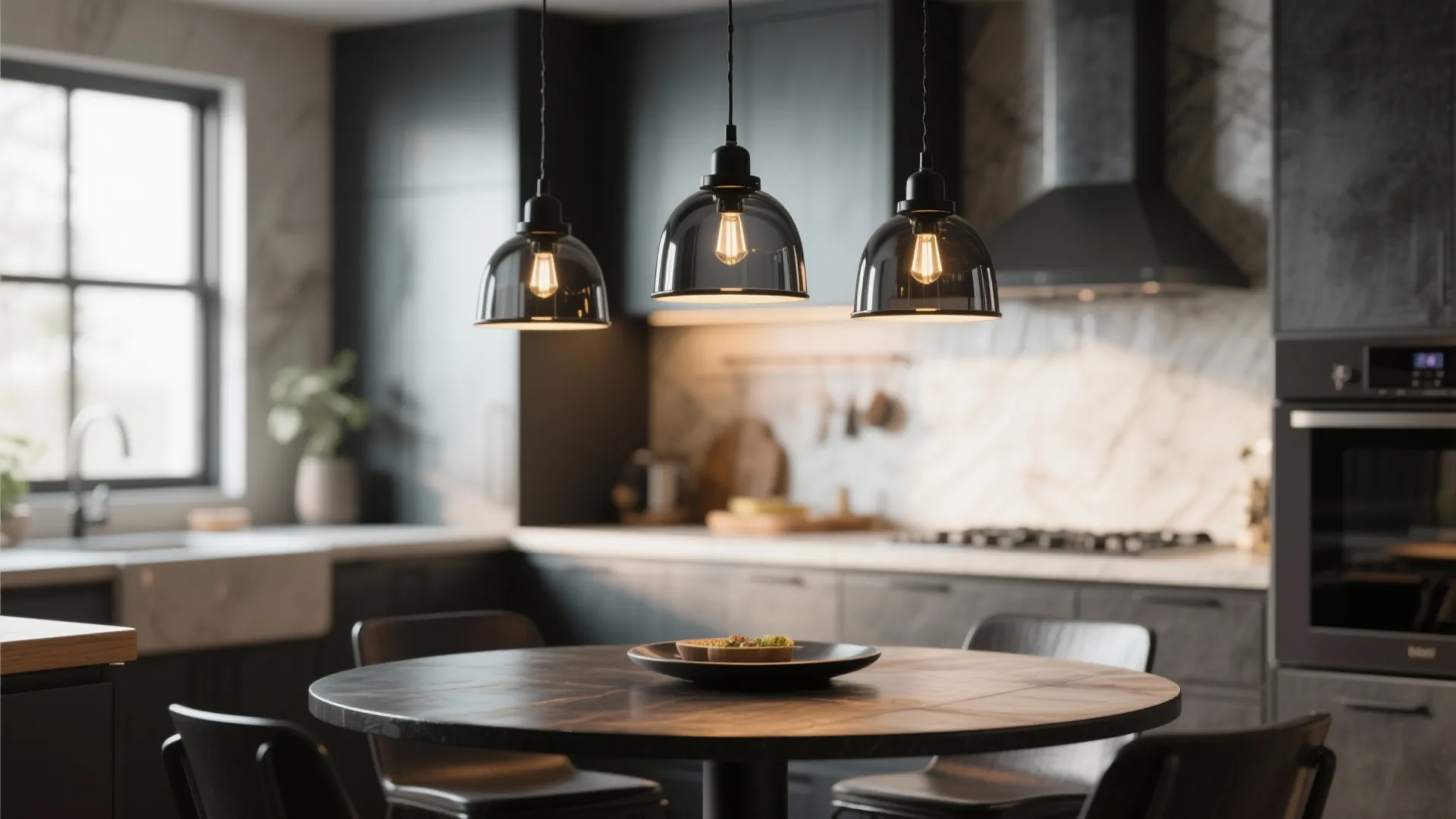 Modern dark kitchen with glass ceiling light fixtures over a round wooden dining table set