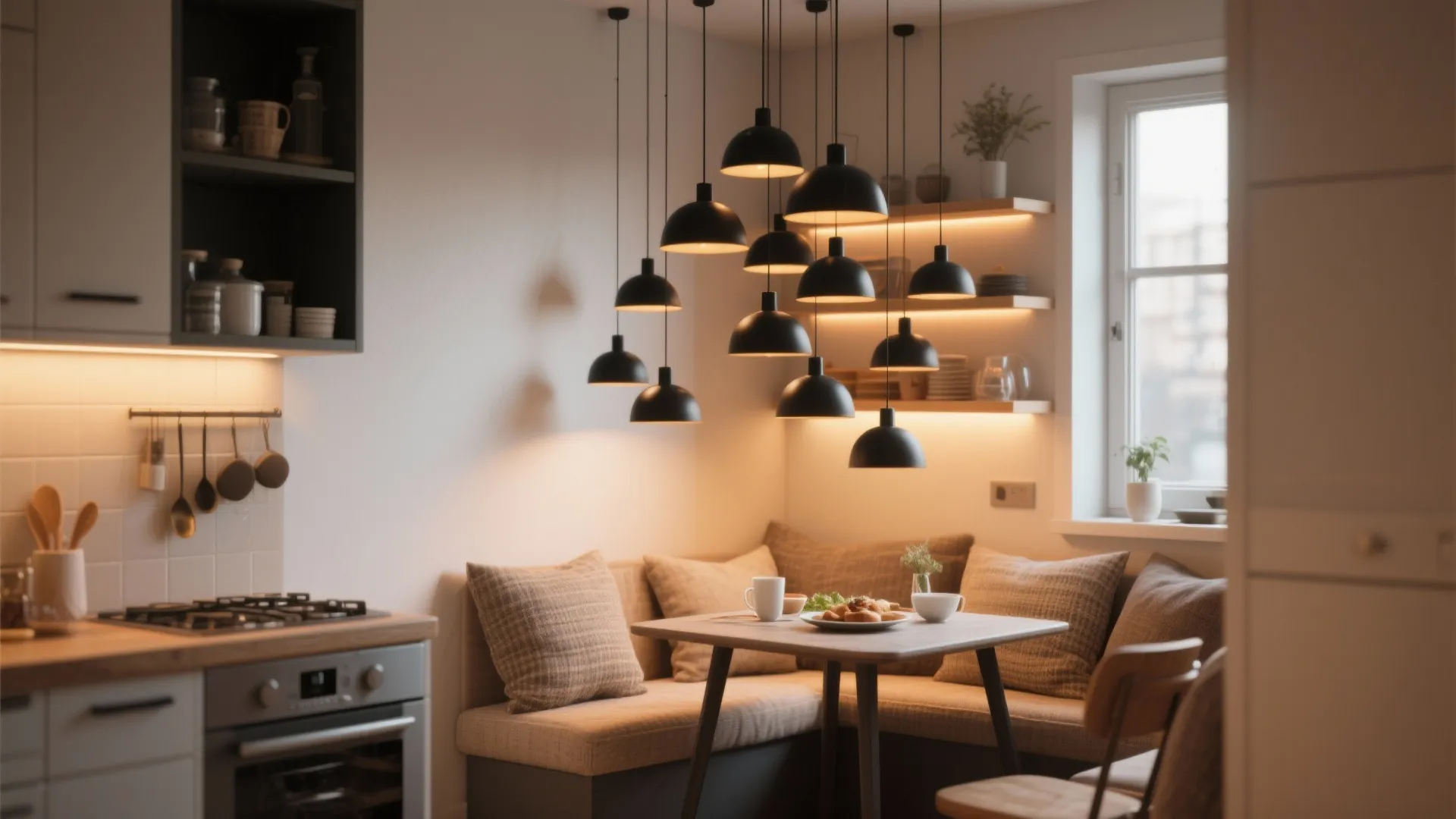 4. Clustered mini pendants in an alcove or eating nook