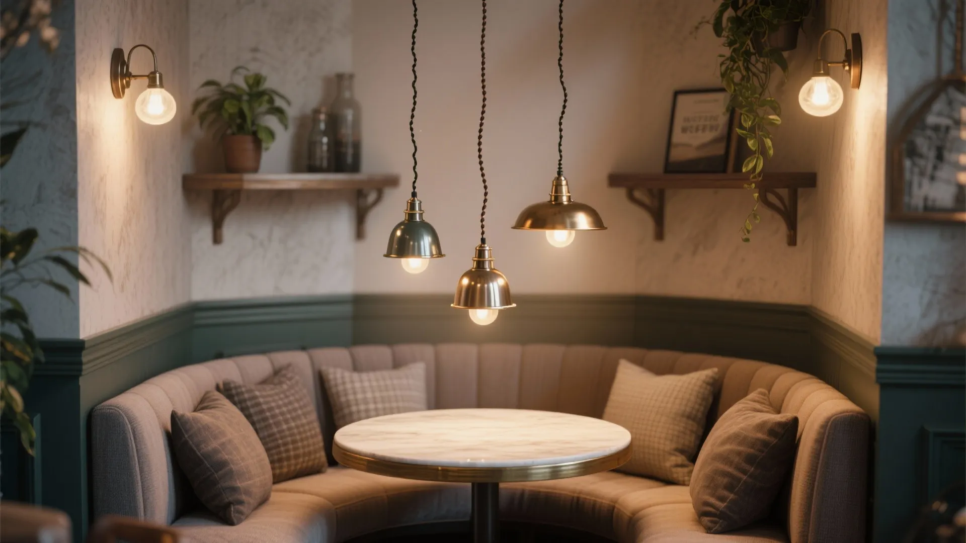 Round bistro table under a cluster of three mini pendants with mixed finishes