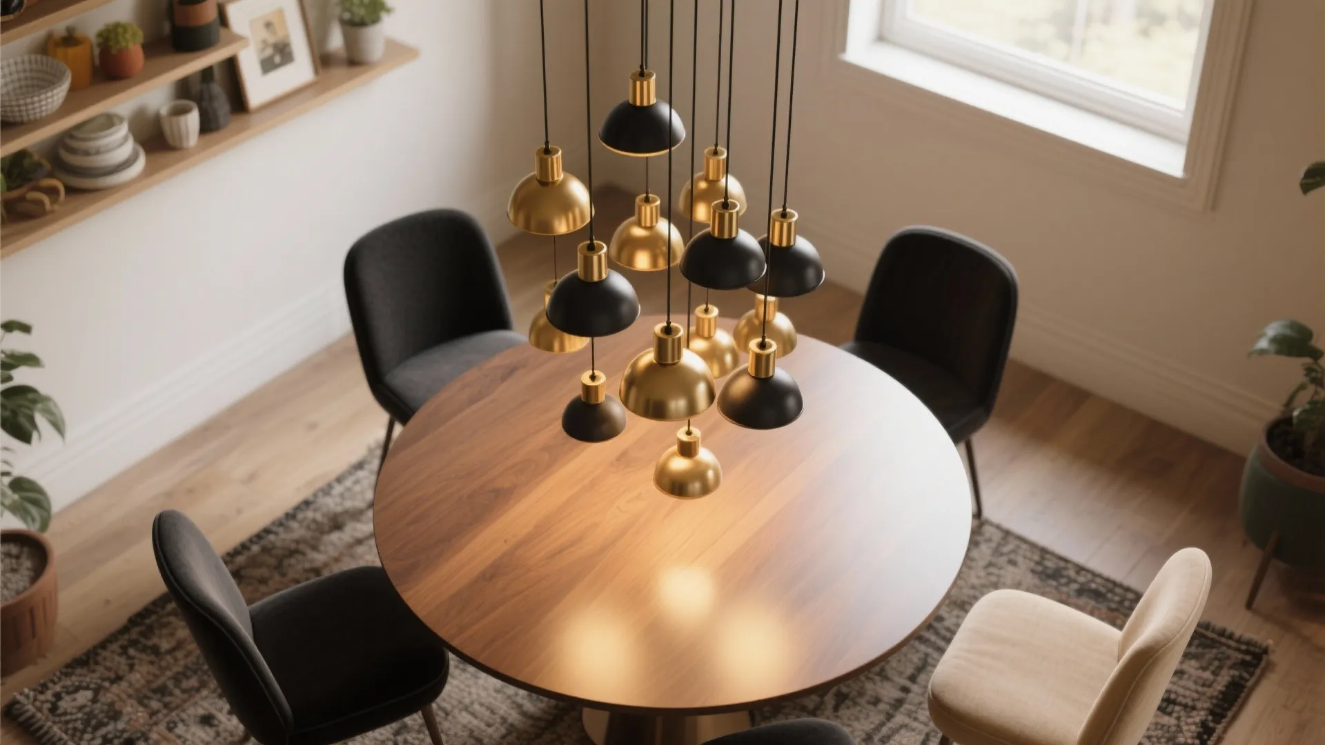 Round wooden dining table with black and gold light fixtures hanging above in bright room
