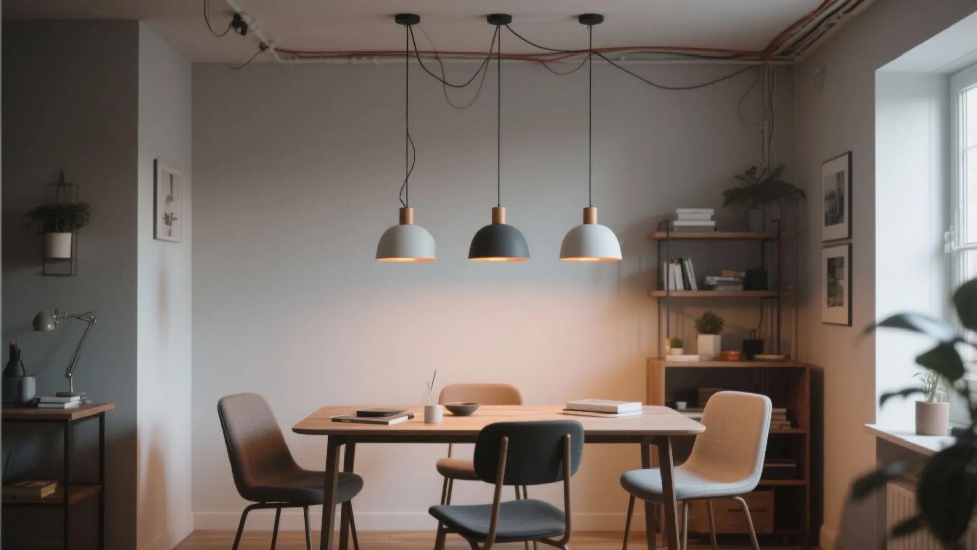 Dining area with three staggered mini pendants over a table used for dining and work.