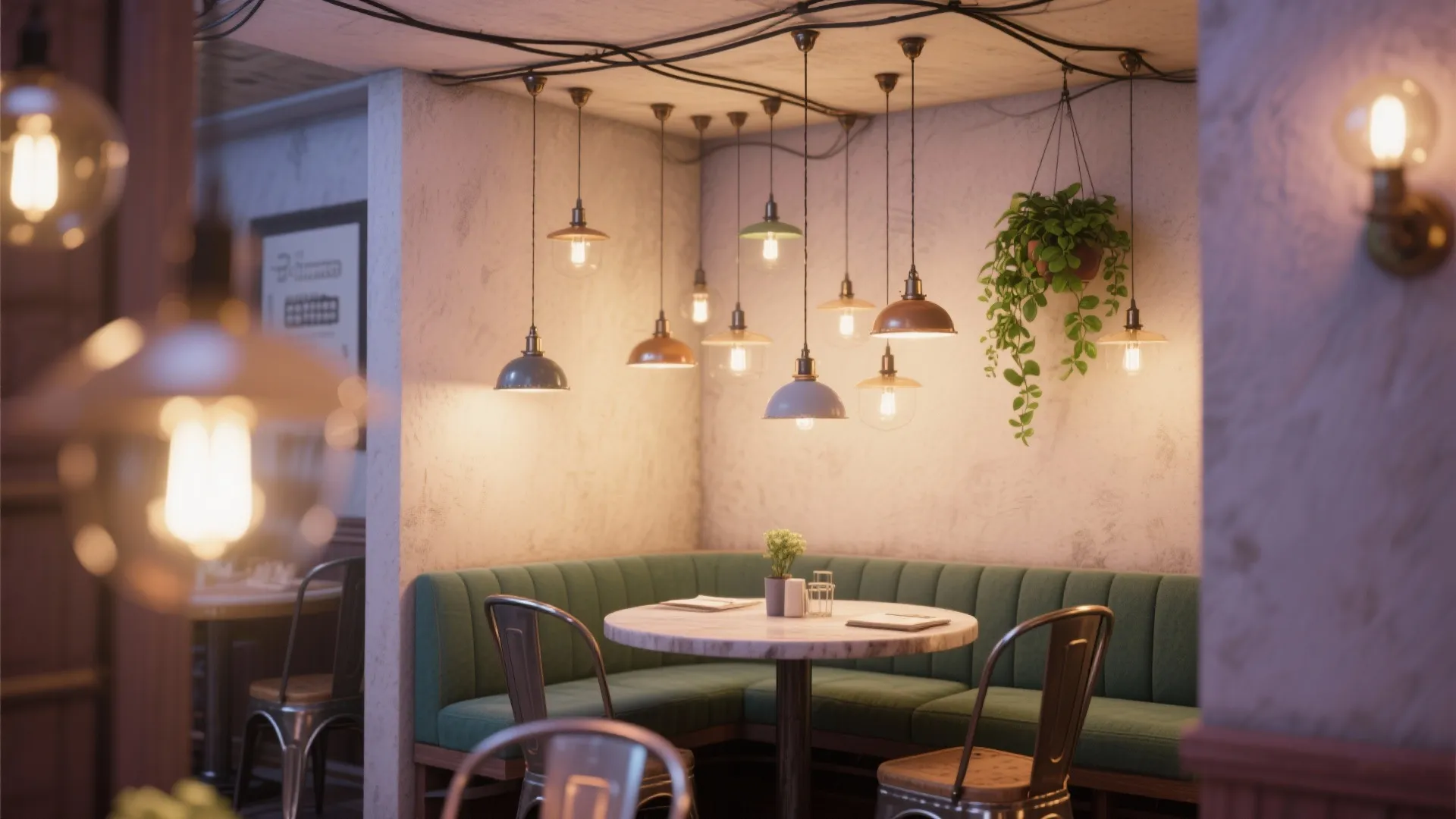 Small restaurant dining area with many hanging ceiling lights green sofa and a round table