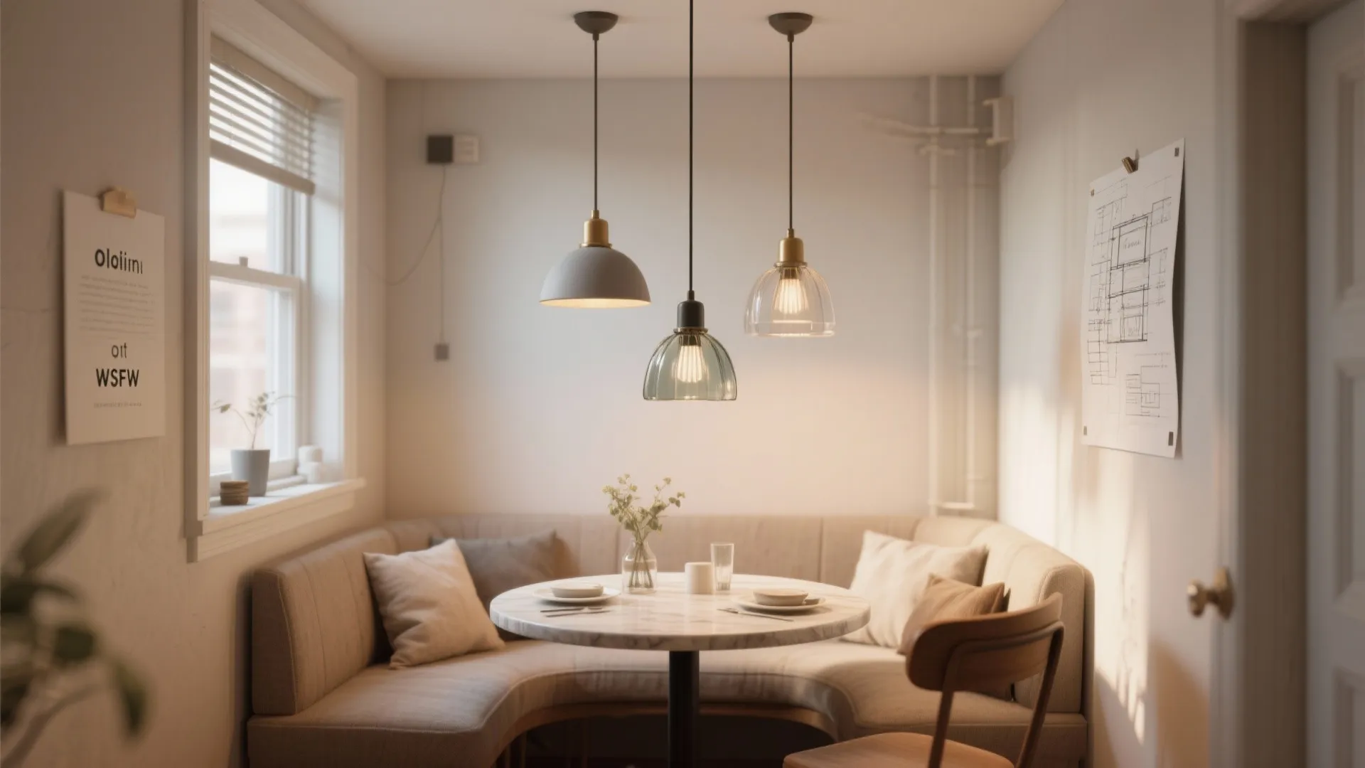 Three different hanging ceiling lights over a round marble table in a cozy dining nook
