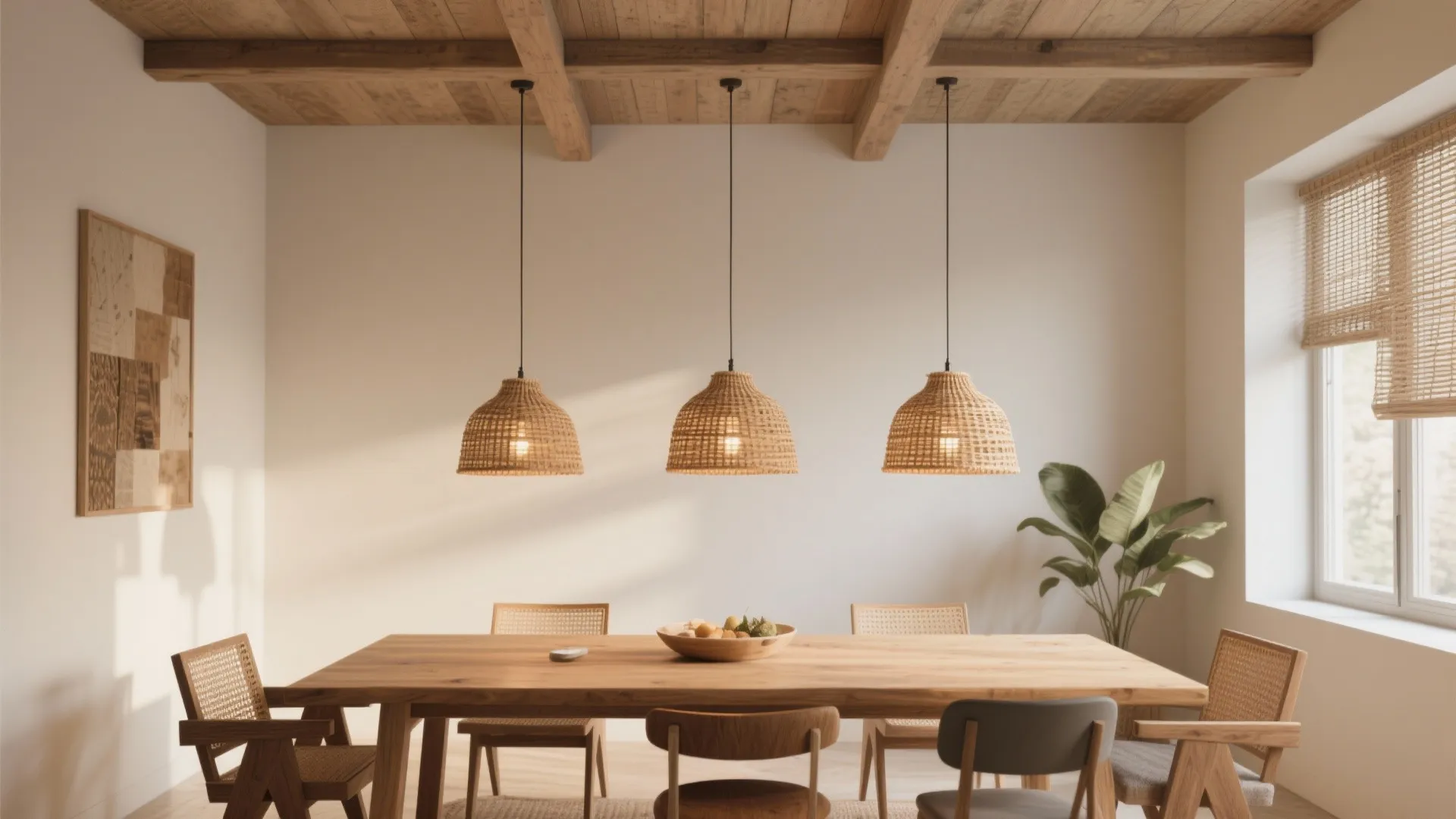 Three woven ceiling lights hanging over wooden dining table in bright room with chairs plant