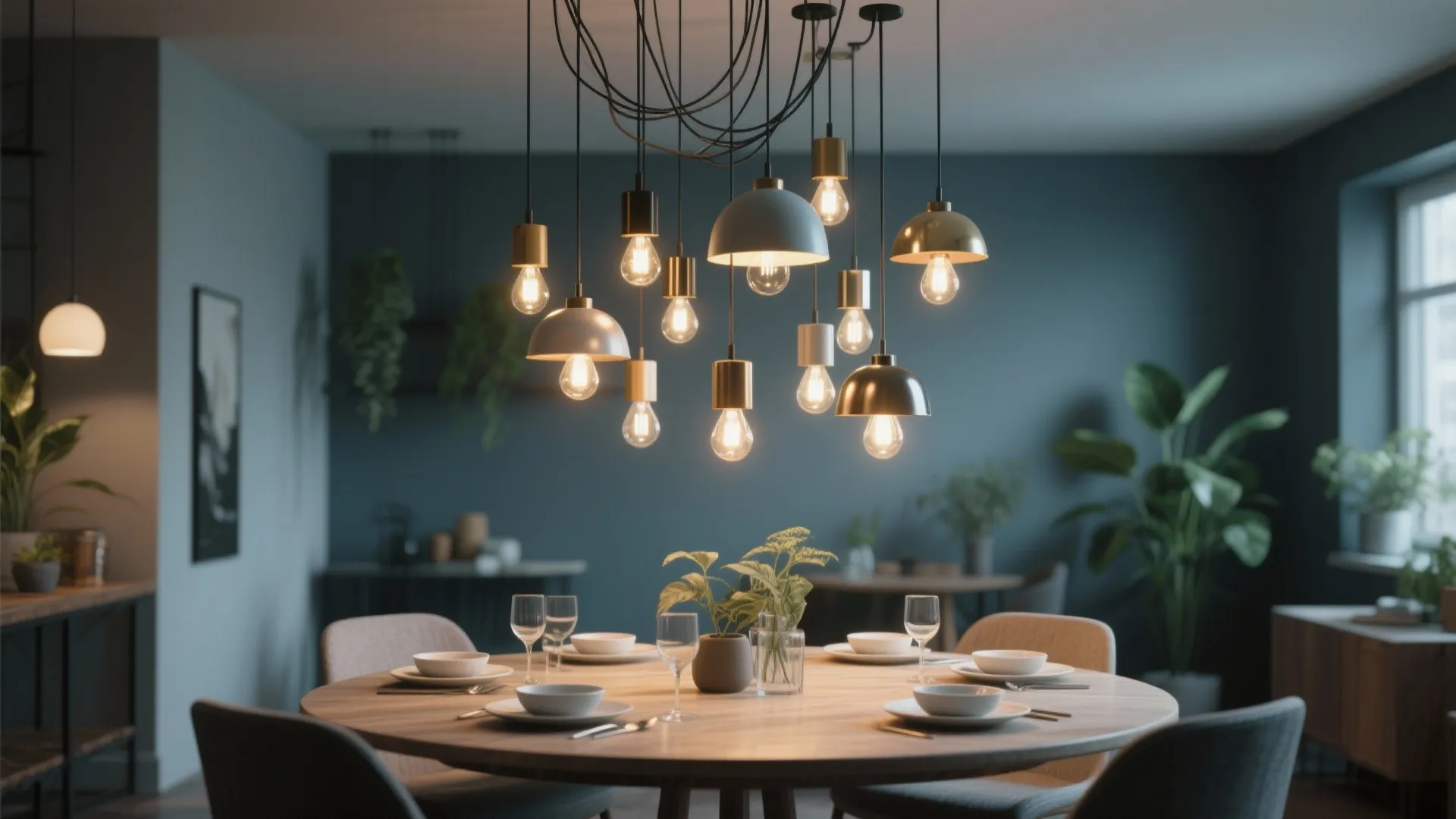 Group of small hanging light bulbs above round wooden dining table with blue wall in background