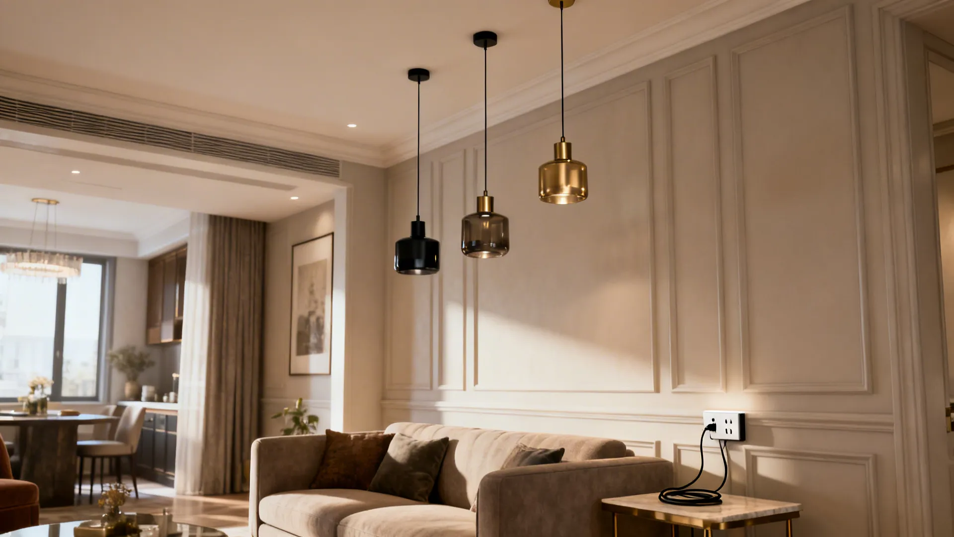 Modern living room with three hanging ceiling lights above a sofa and decorative wall panels