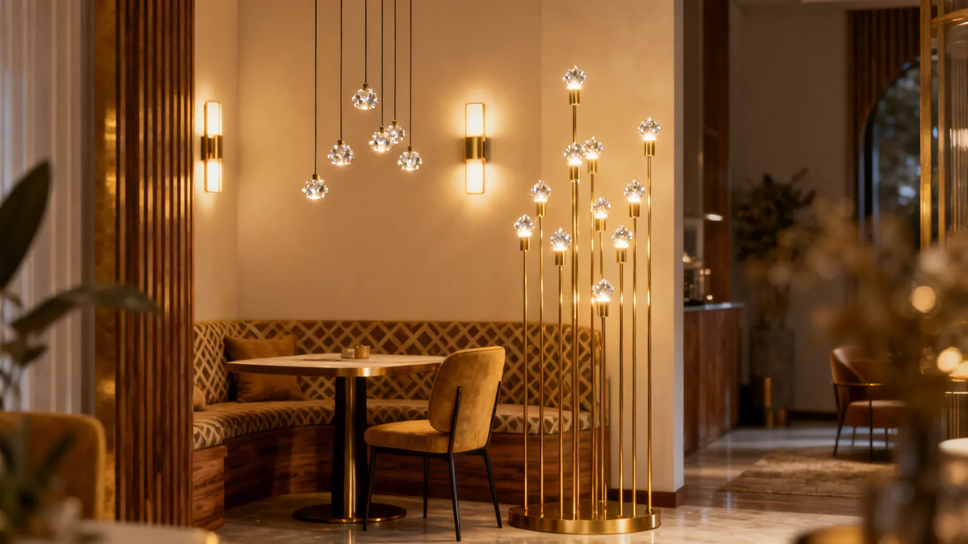 Small living-dining nook with clustered mini crystal-accent pendants at varied heights and warm lighting.