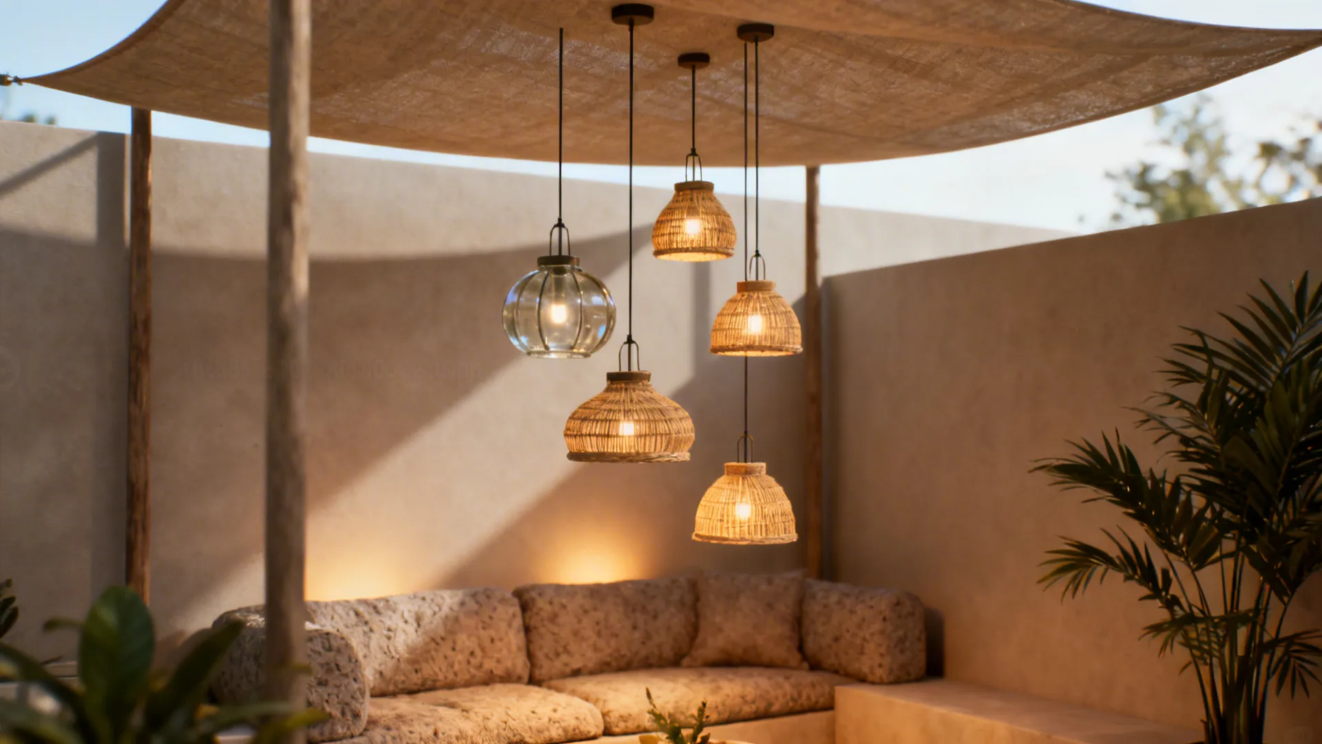 Clustered mini pendants at staggered heights with glass and rattan shades creating a modern organic focal point.