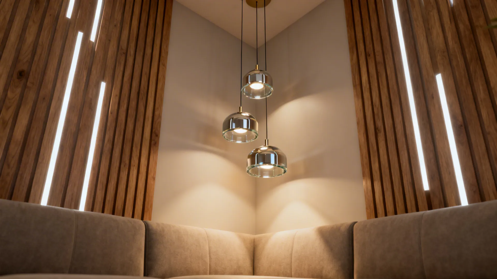 Three glass ceiling lights hanging in a corner with wood wall panels and a sofa