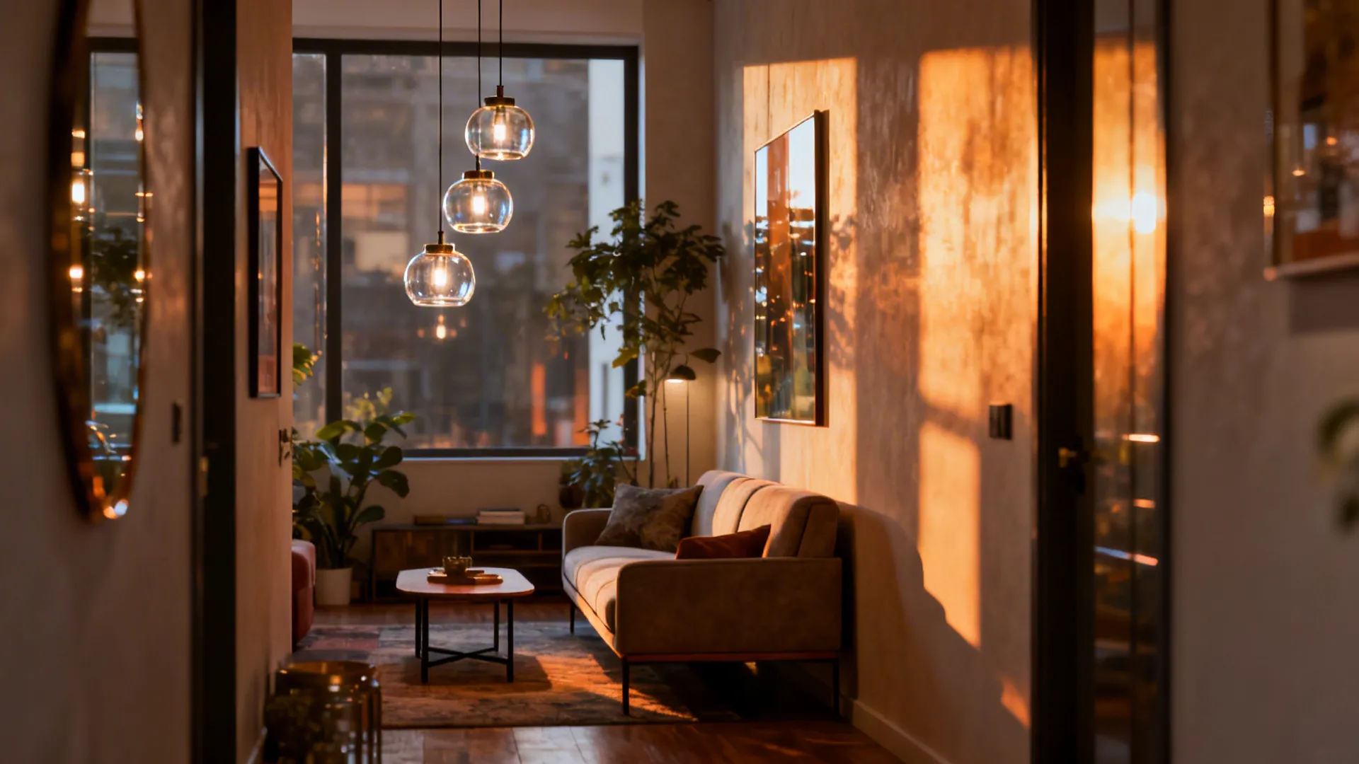 Narrow apartment living room featuring three staggered glass mini pendants over a seating area.