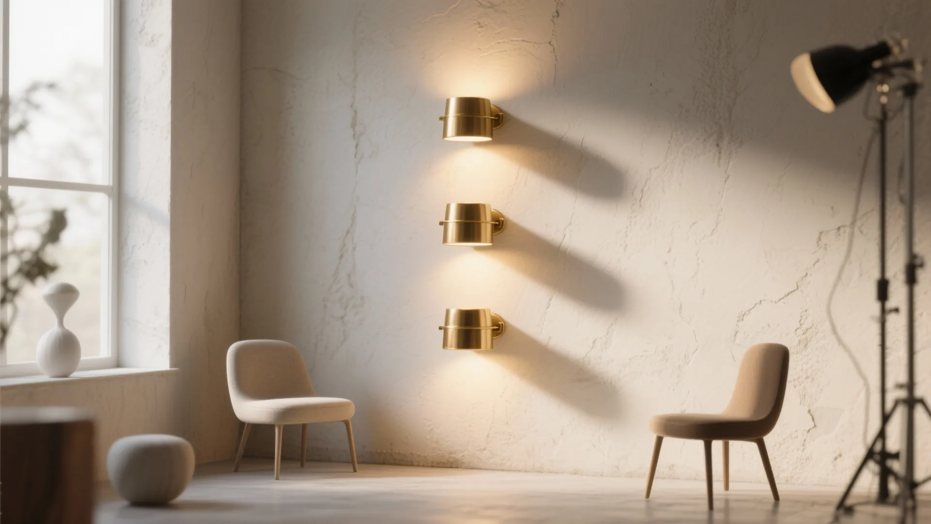 Three gold wall lights on a white wall with two beige chairs and floor lamp