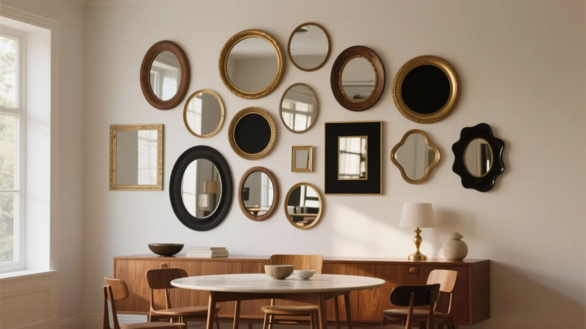 Clustered mix of circular and irregular mirrors above a sideboard reflecting multiple light angles in a mid-century dining nook.