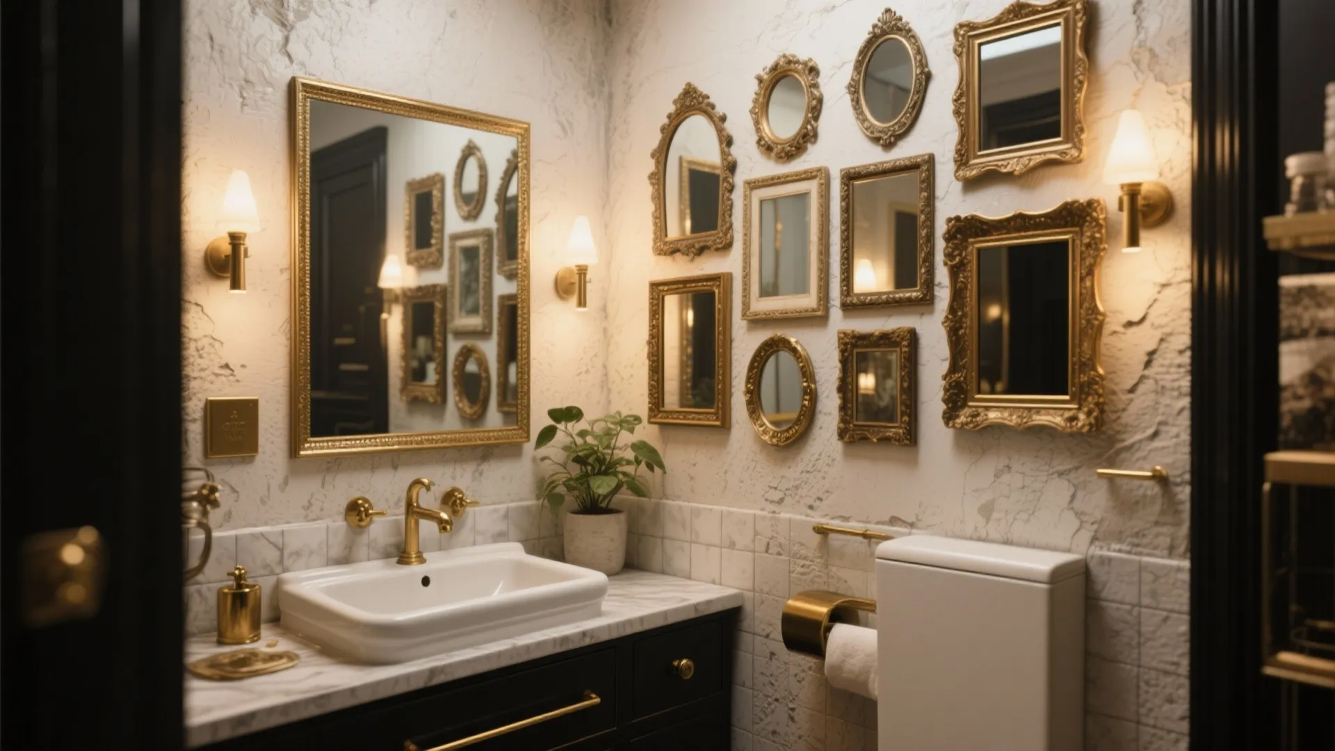 Classic bathroom design with gold wall mirrors white sink green plant and warm wall lights