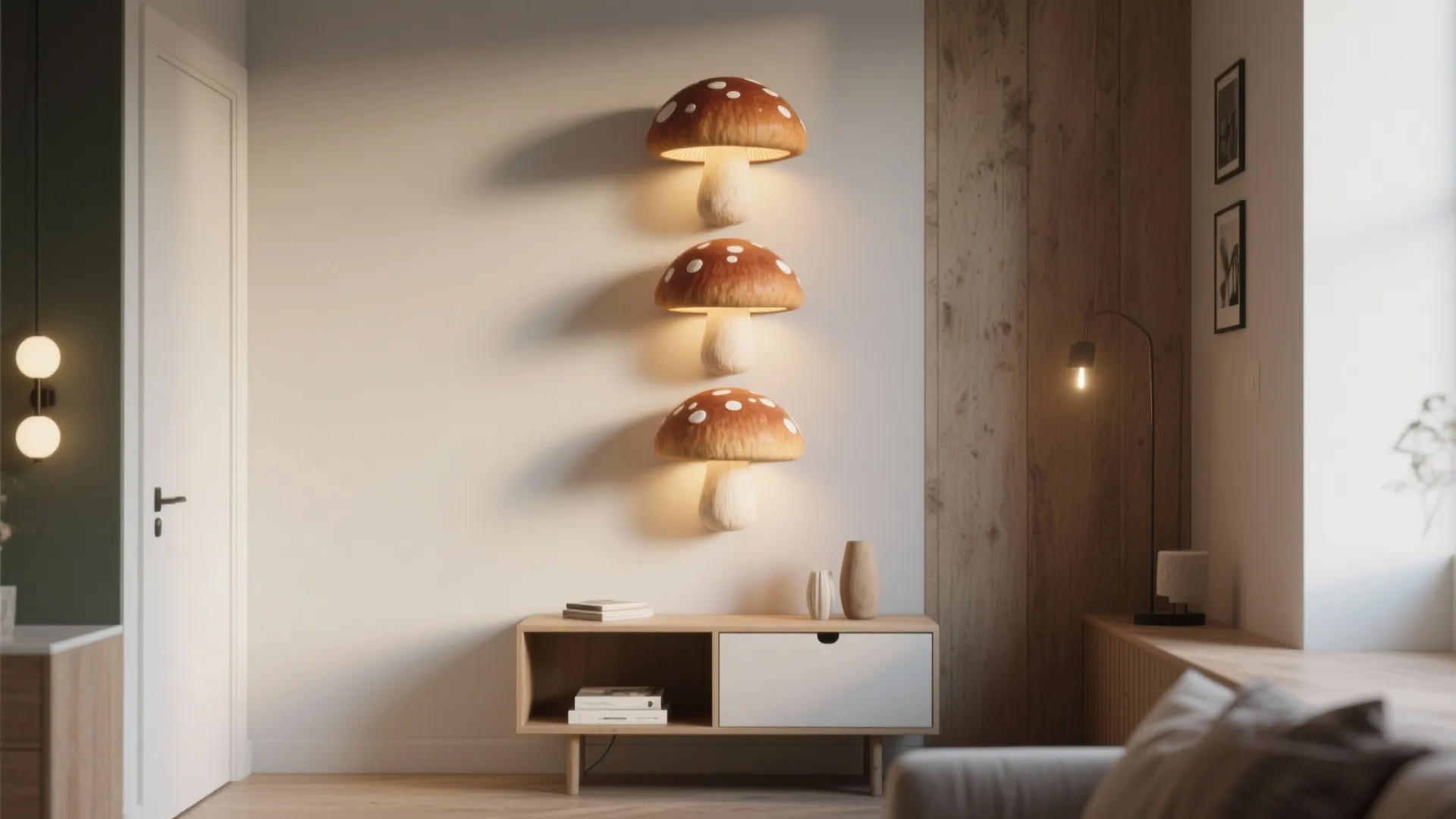 Three mushroom wall lights stacked vertically above a wooden cabinet in a bright white room