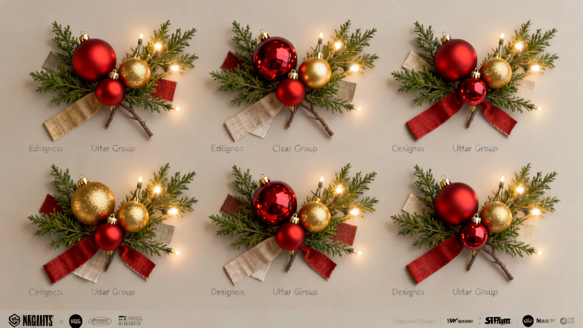 Top-down flatlay of red and gold ornament clusters with faux greenery and ribbon samples.