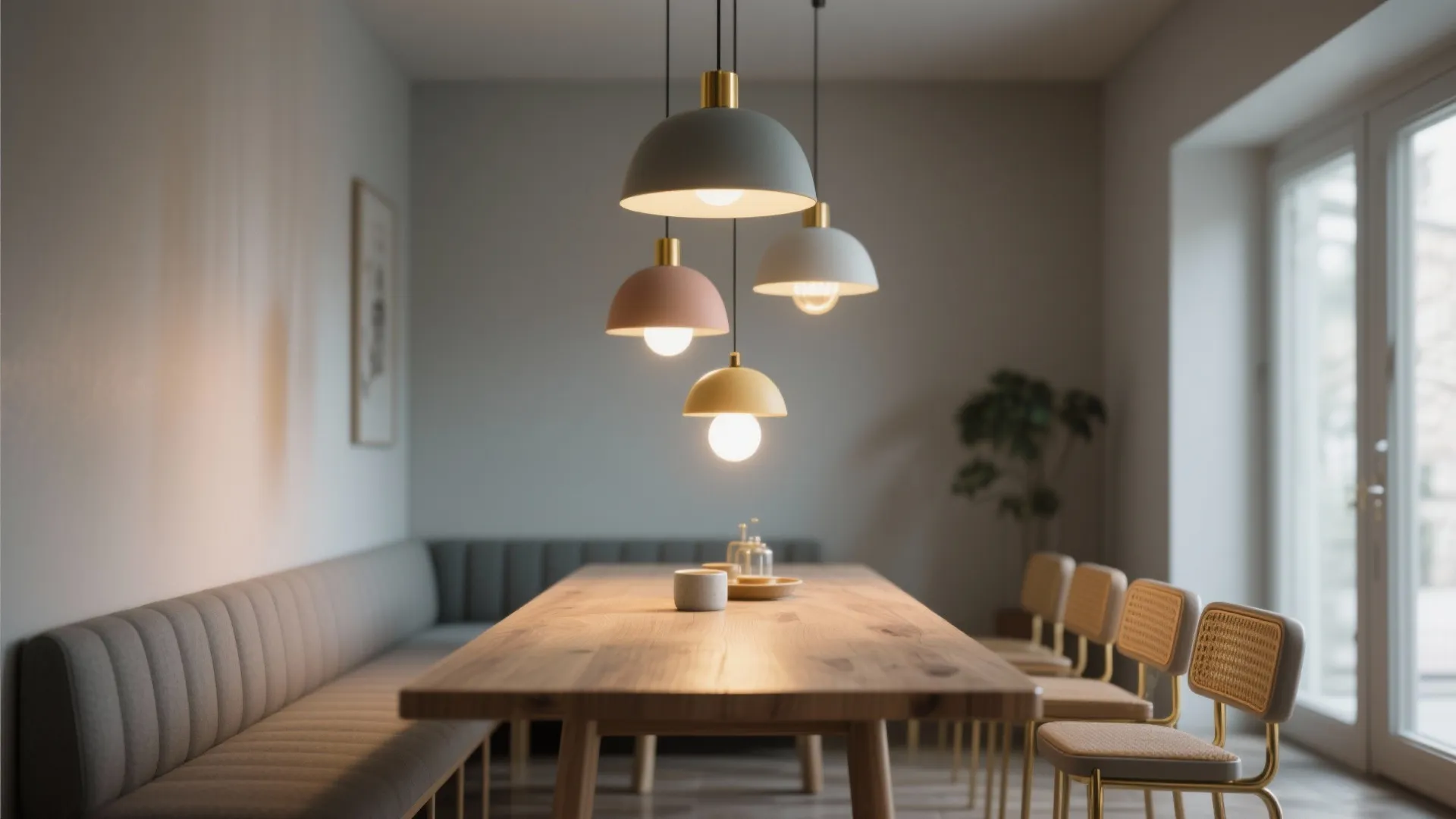Modern dining area with wooden table and several colorful dome shaped light fixtures hanging above