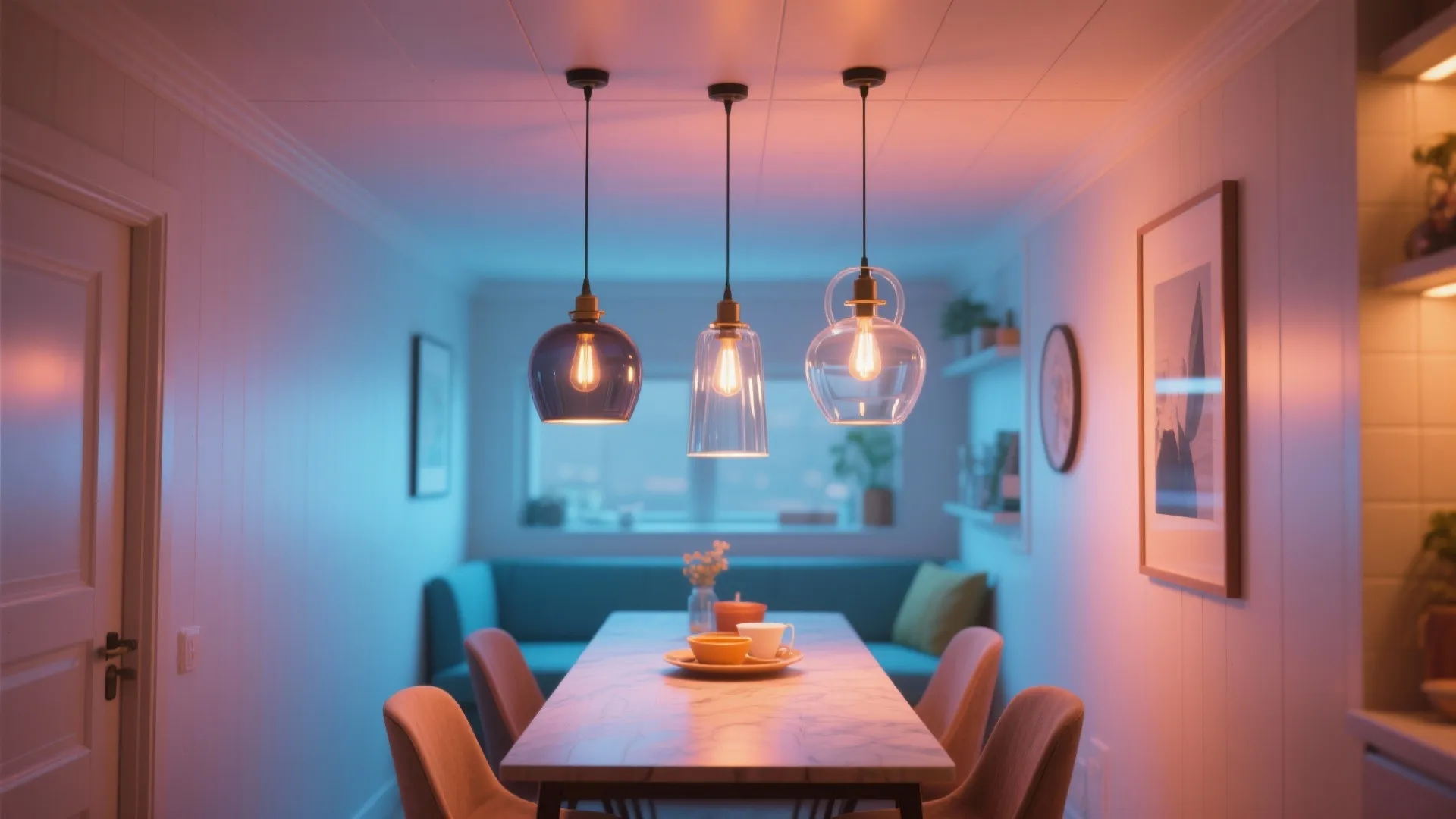 Narrow breakfast nook with three pendant lights clustered at different heights creating visual rhythm.