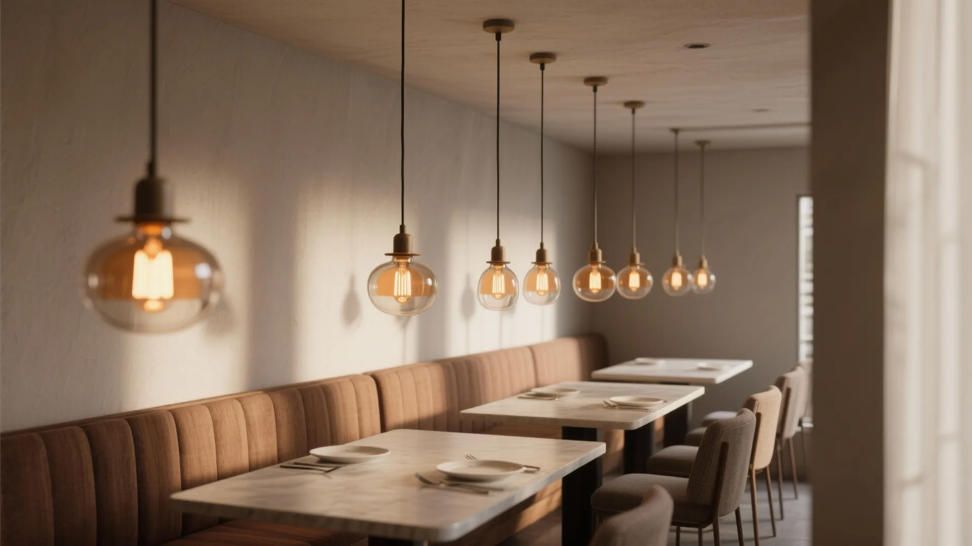 Row of warm glass ceiling lights over dining tables and chairs in a modern cafe