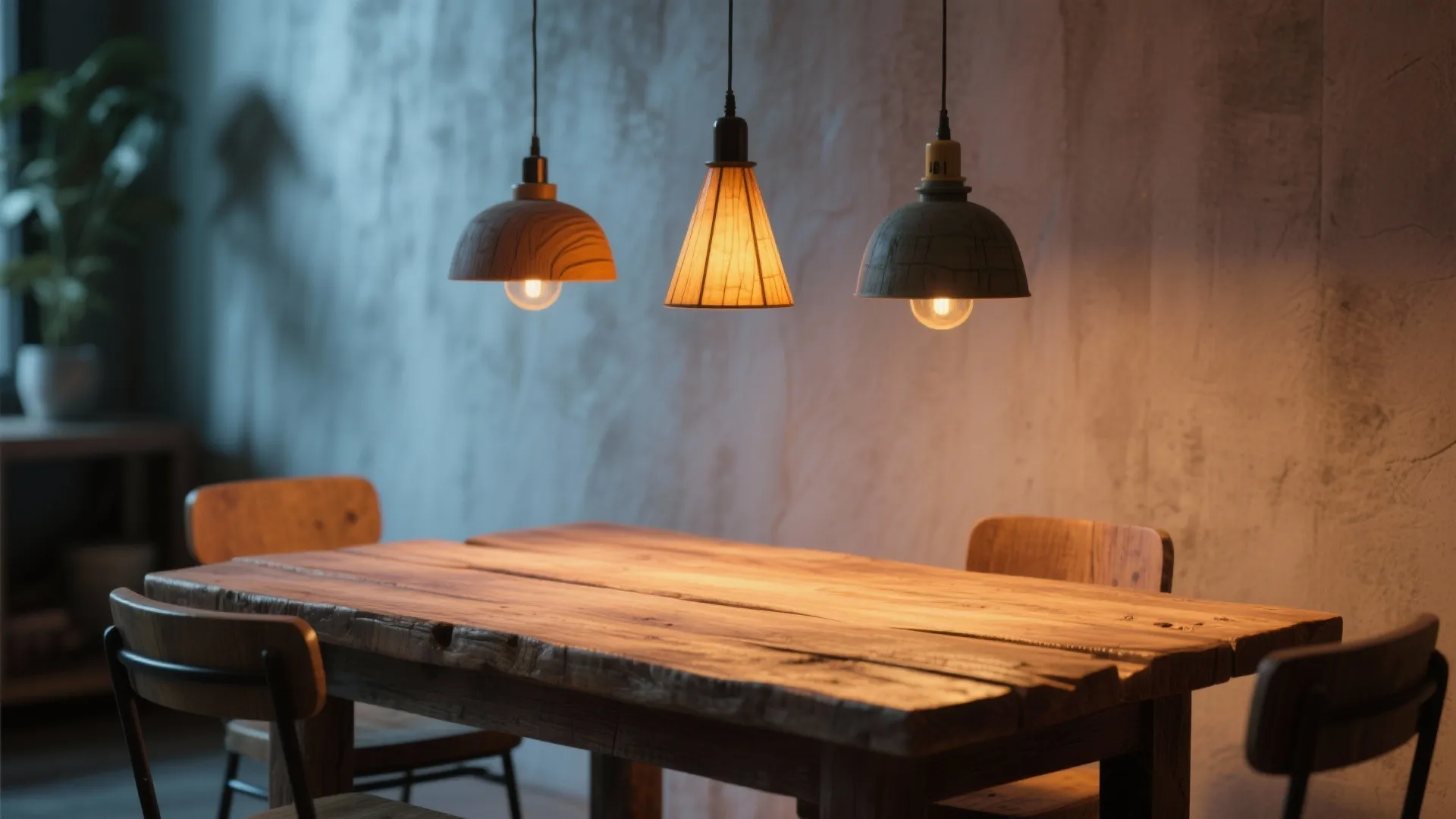 Three warm ceiling lights hanging above a rustic wooden dining table with wooden chairs interior