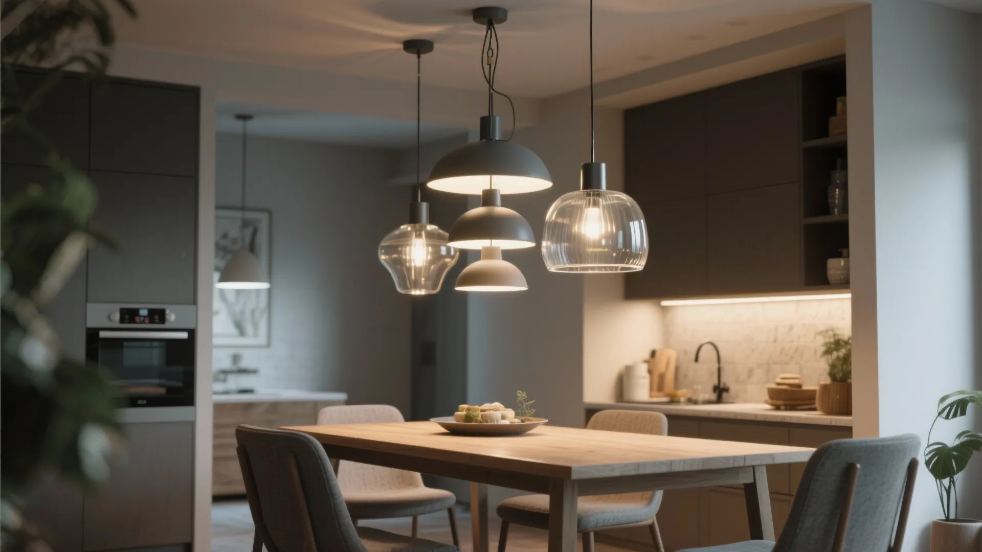 Open-plan dining nook with three staggered pendant lights creating a layered casual look