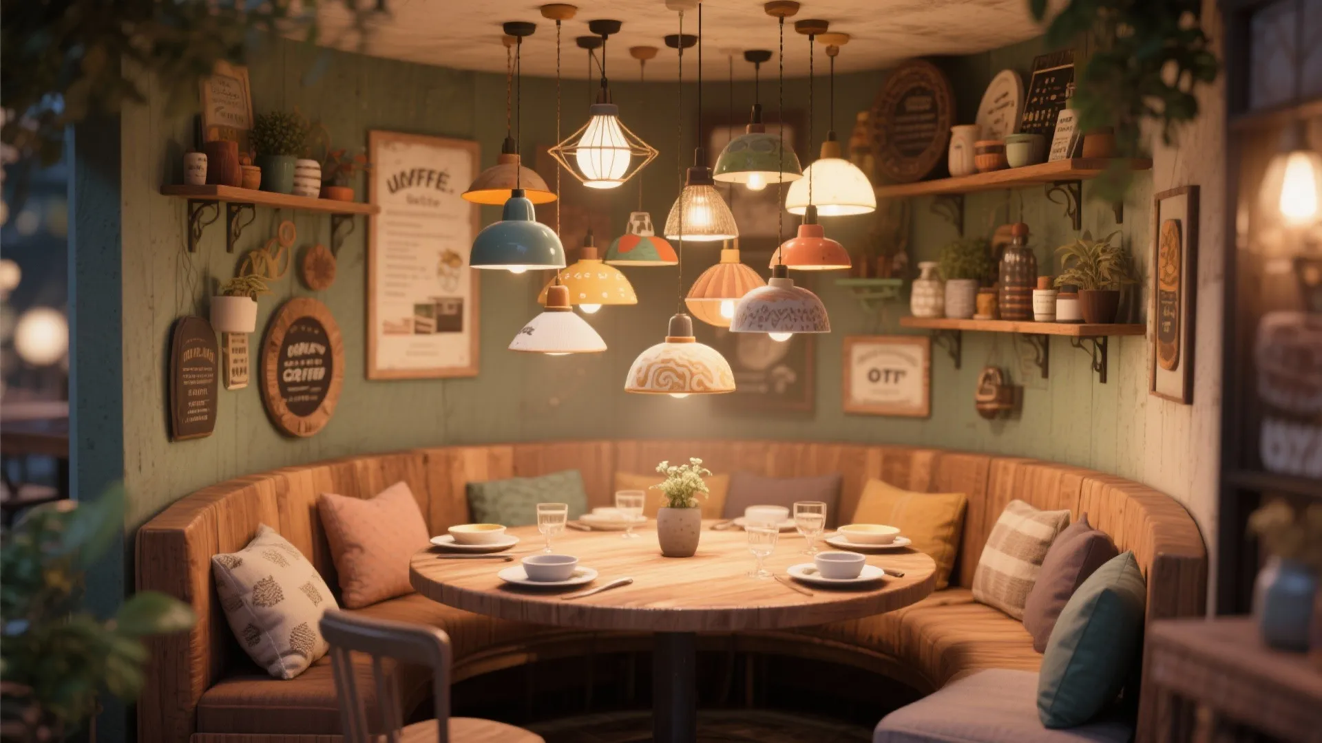 Cozy dining area with many colorful ceiling lights hanging over a round wooden dining table