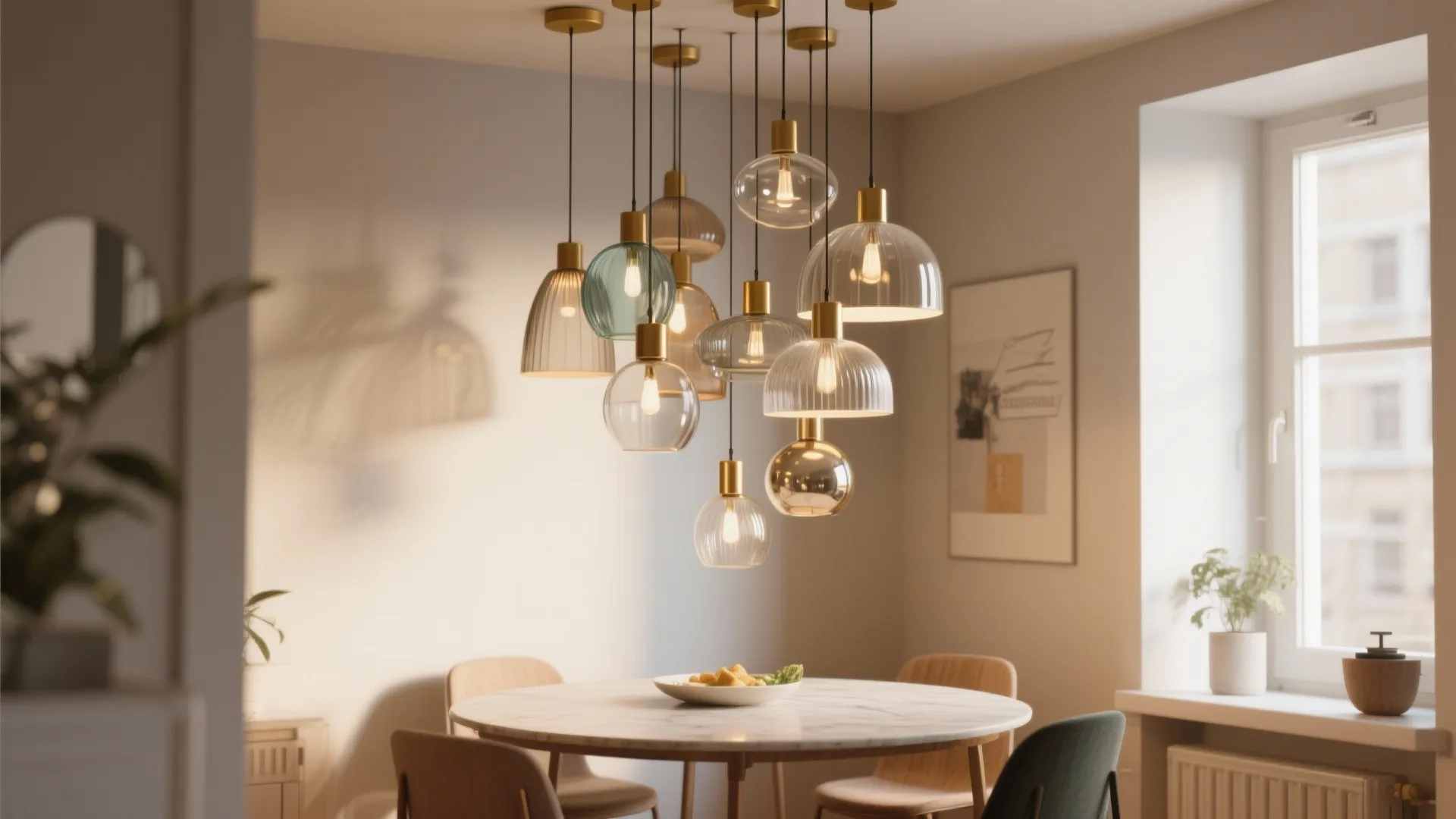 Small dining corner with a cluster of pendants at varying heights creating a sculptural layered look.