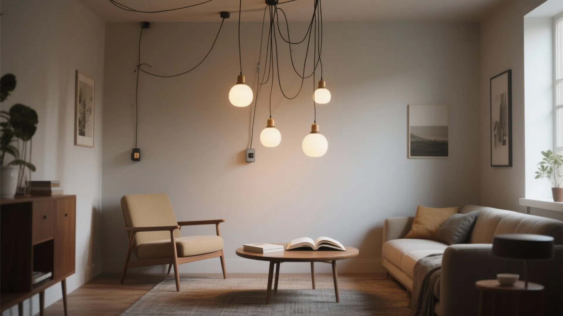 Modern living room featuring a cluster of hanging ceiling lights over a wooden coffee table