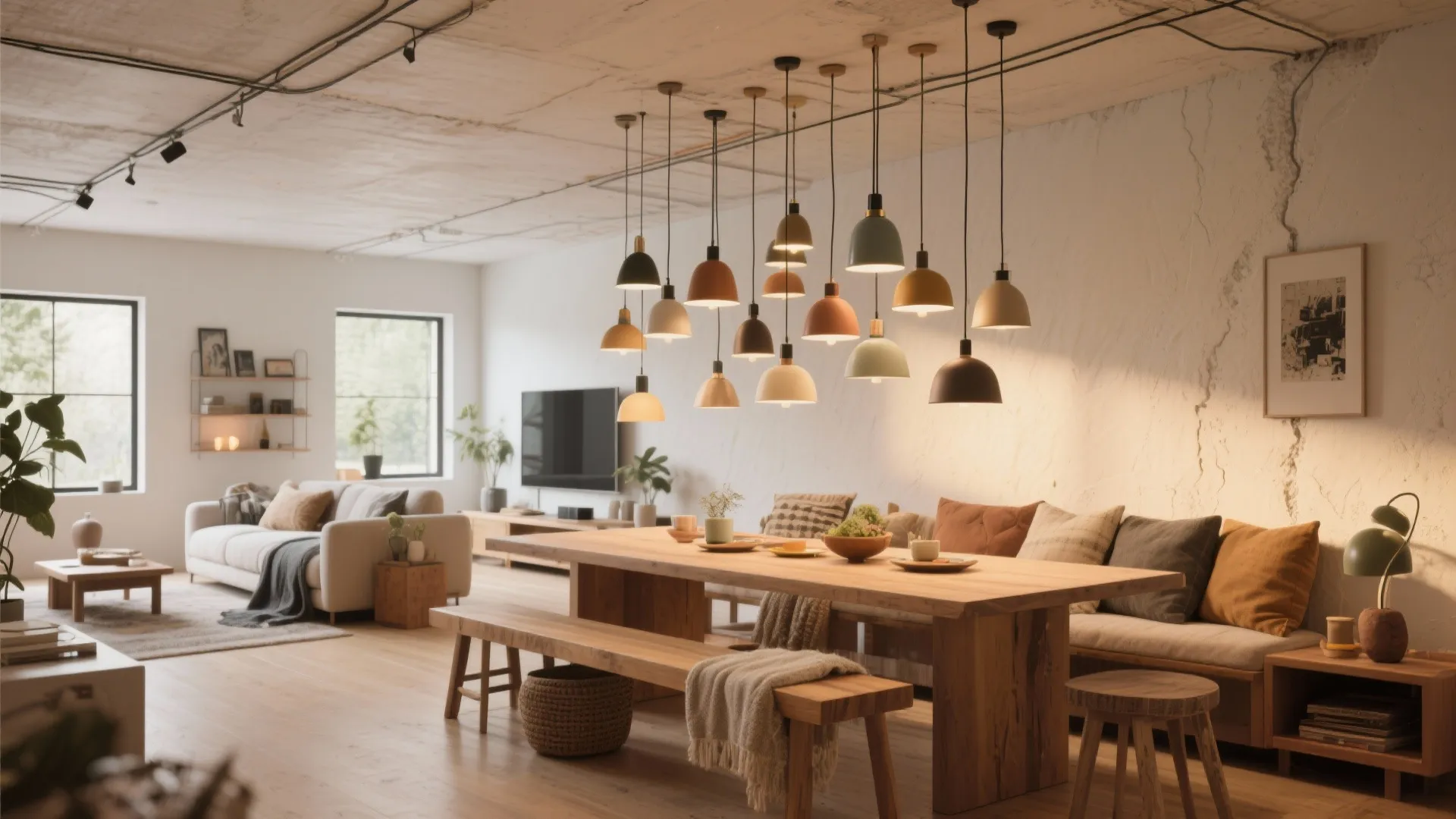 Open-plan area with clustered mini pendants hung at staggered heights above a dining bench