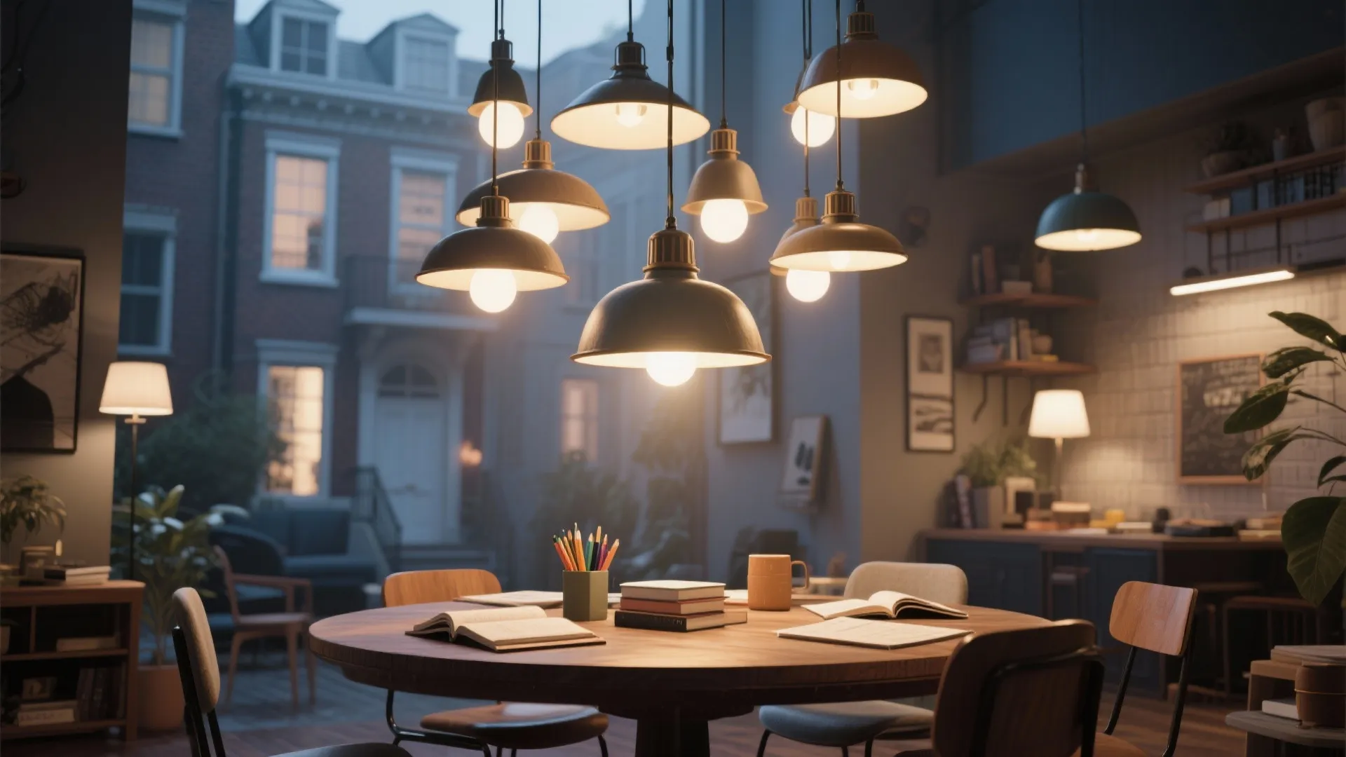 Clustered pendants at different heights over a round table creating layered task and ambient lighting