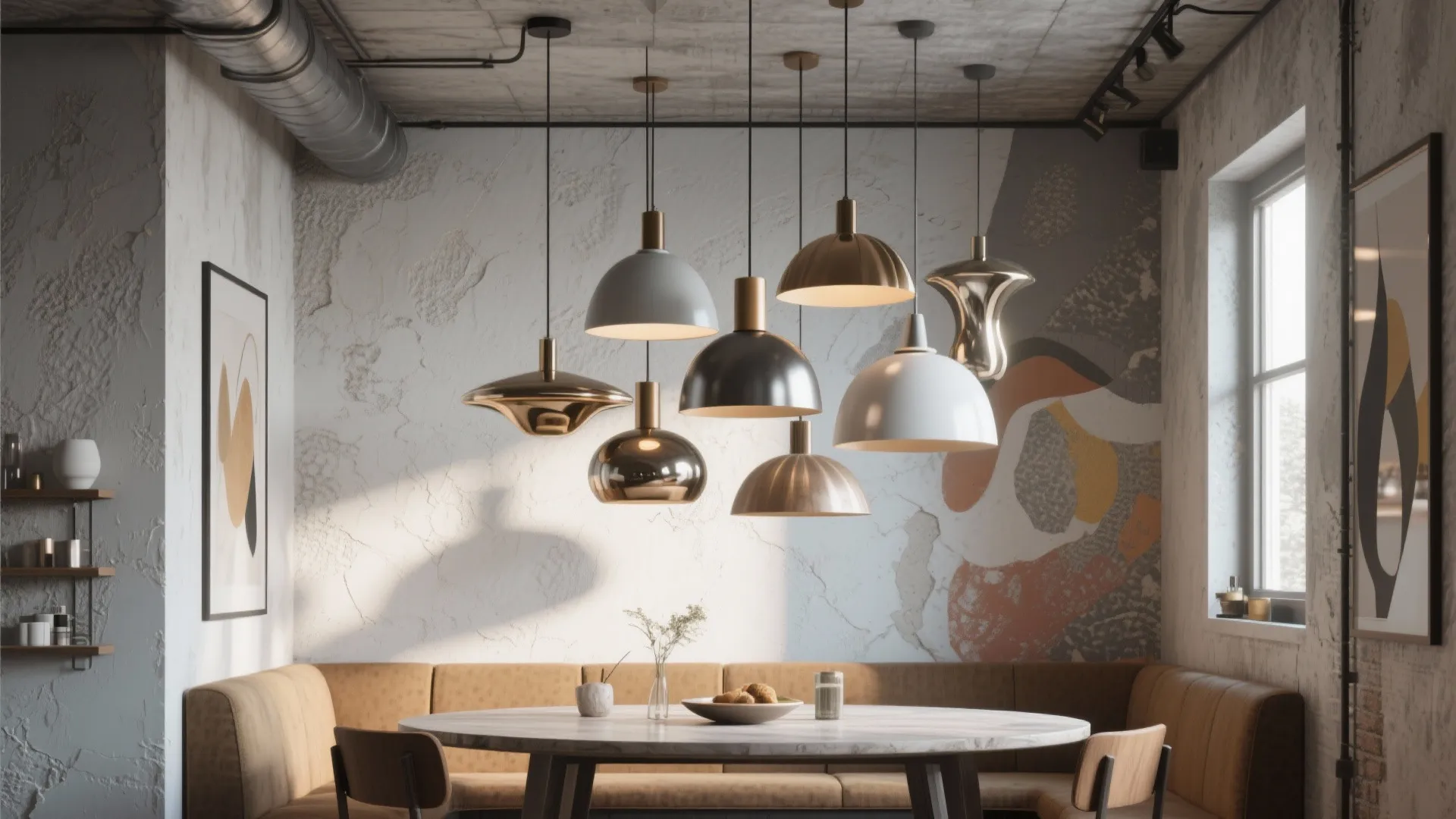 Modern dining room featuring multiple metal ceiling light fixtures above a round marble dining table
