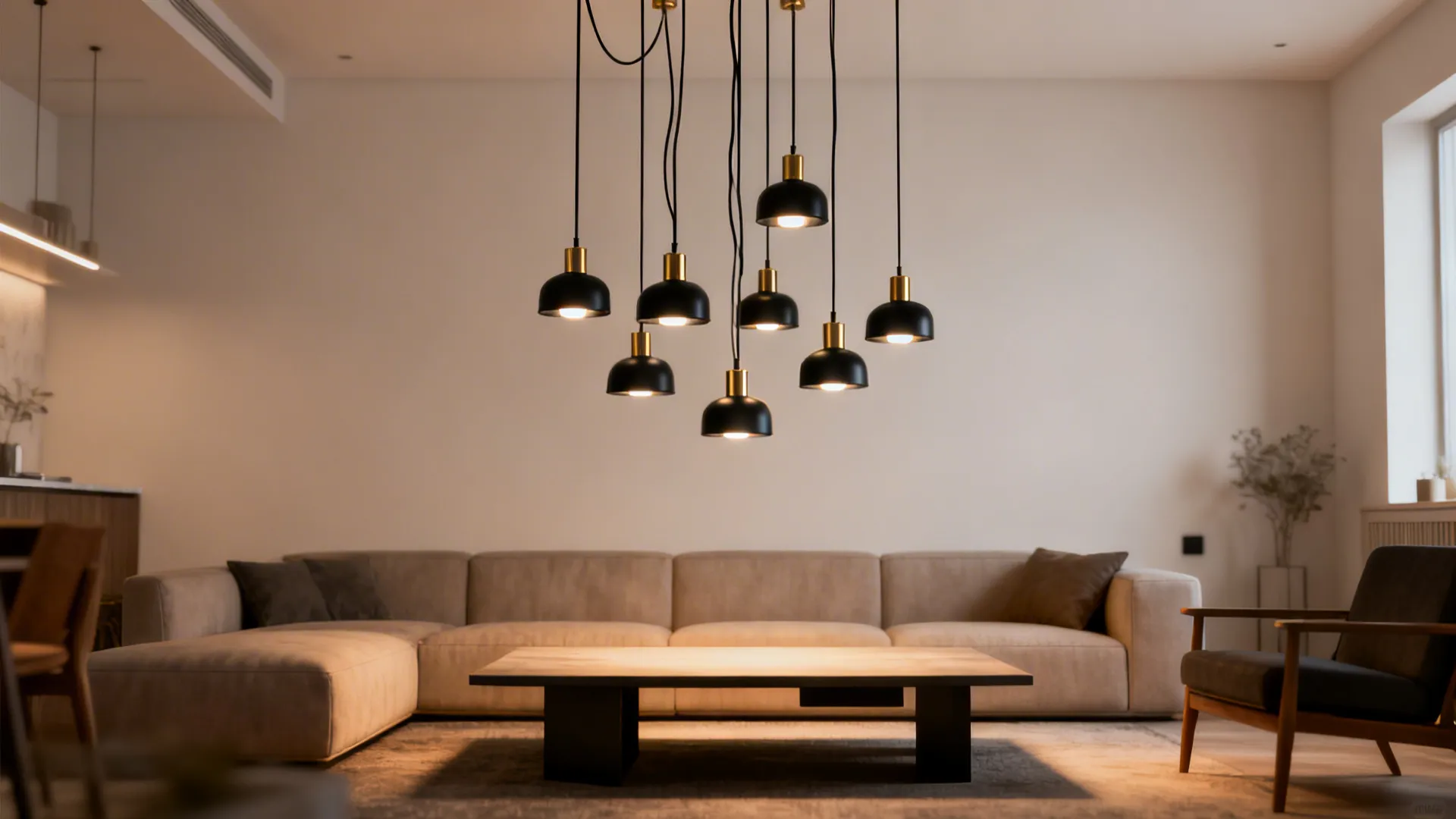 Clustered black pendant lights at varying heights above a coffee table in a small open-plan living room