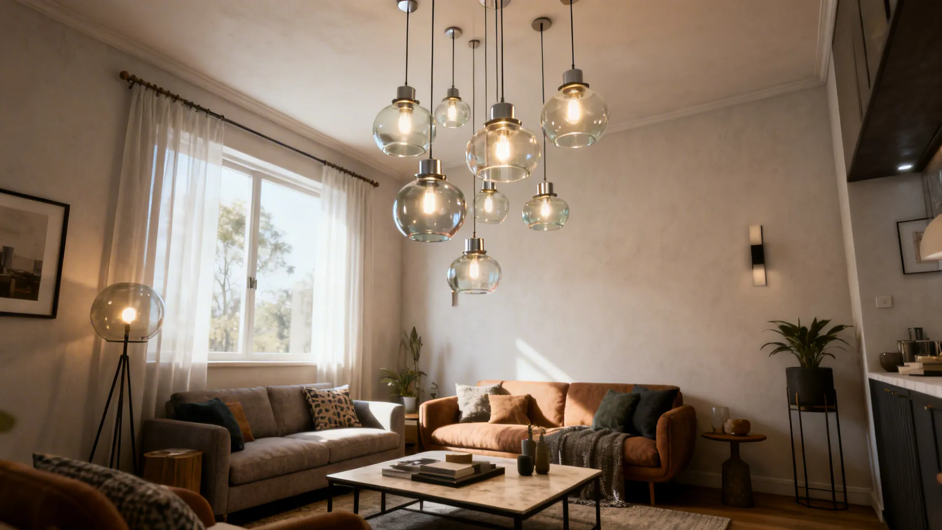 Compact living room with clustered pendant lights of varied glass shades over a coffee table.