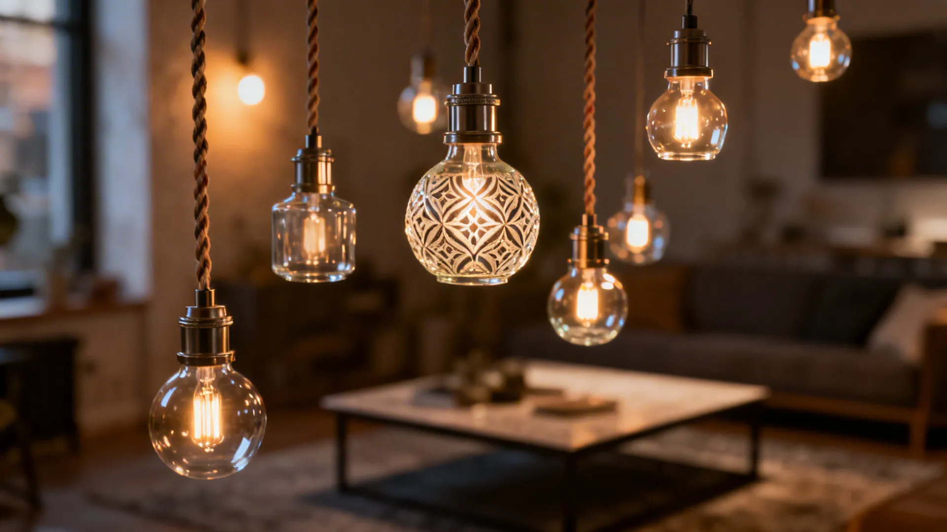 Cluster of mini glass pendant lights at varied heights creating a sculptural focal point over a coffee table.