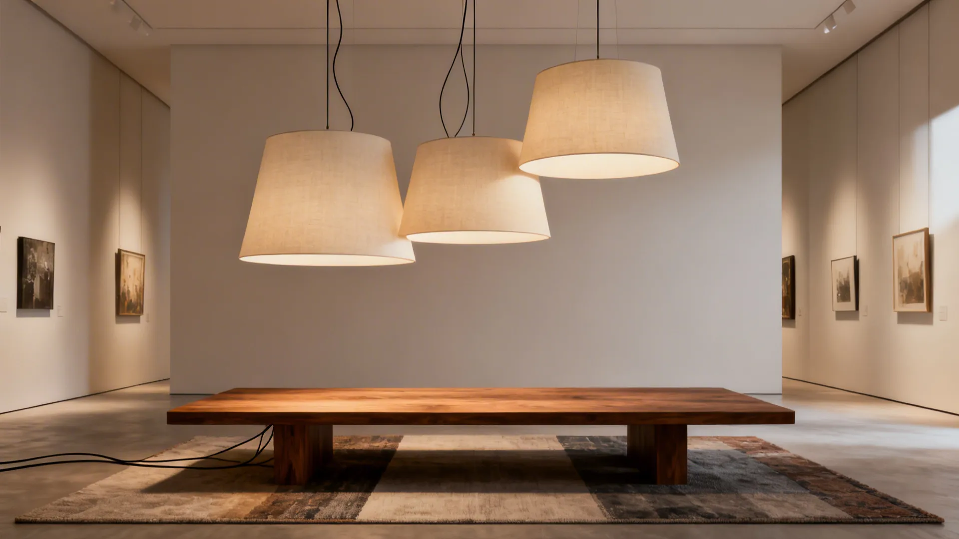 Cluster of large pendant shades hung at staggered heights above a long coffee table, creating visual rhythm.