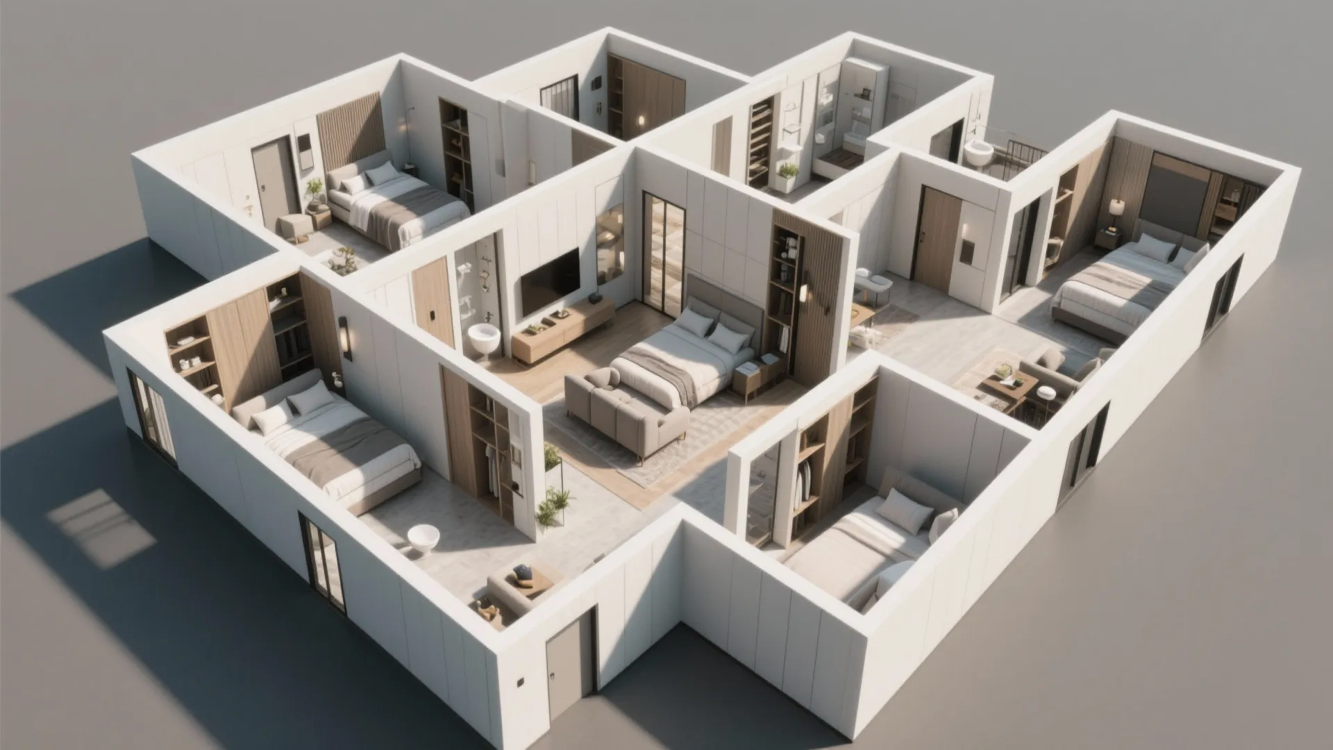 Overhead view of a corridor-free clustered bedroom group around a compact central hub with built-in storage