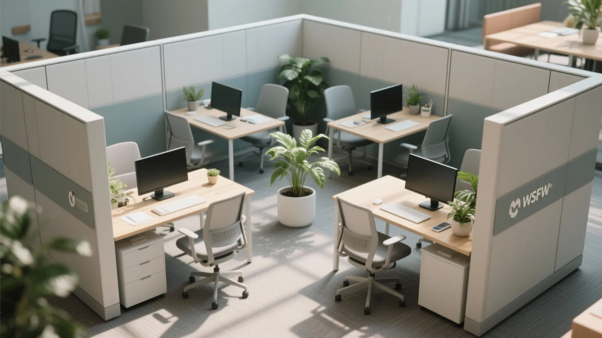 Modern office cubicle layout with four wooden desks grey chairs computer monitors and green plants