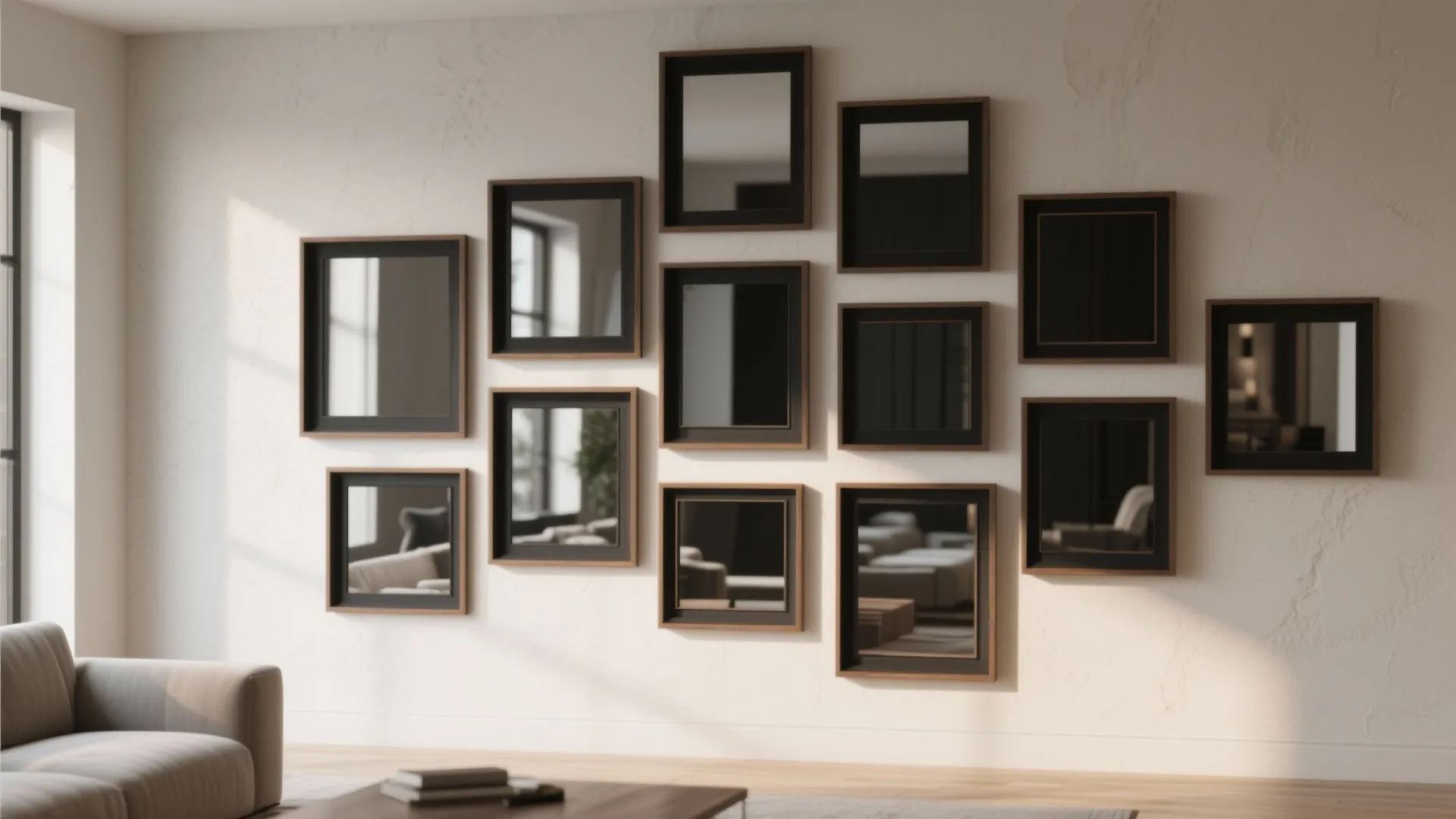 Modern living room wall with many black square frames and mirrors arranged in gallery style