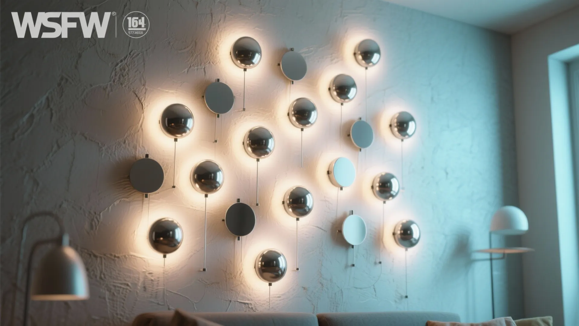 Clustered small round sconces on a studio wall forming a sculptural accent with staggered heights